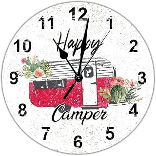 Happy Campers Wood Wall Clocks Camping Rules Round Wood Wall Clocks Battery Operated Silent Quartz 10 inch Shabby Chic Farmhouse Wooden Wall Clock Decor for Living Room Home Office School Kitchen