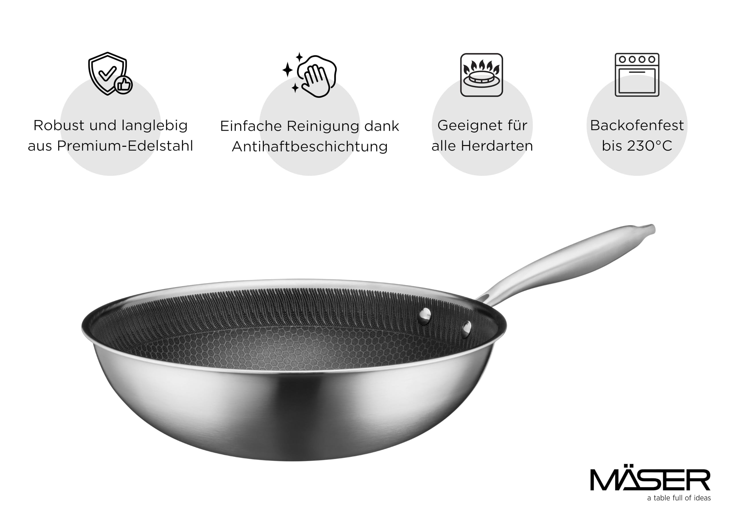 MÄSER Hestia, Wok 30 cm, Edelstahl keramikbeschichtet mit Wabenstruktur, Silber/Schwarz