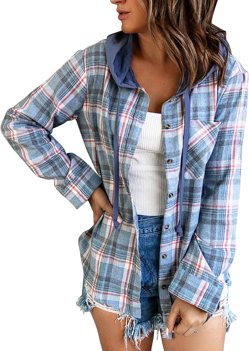 Knemksplanet Women Plaid Hooded Shirt Drawstring Flannel Sweatshirt Hoodie Jacket Casual Button Down Blouse Tops with Pocket