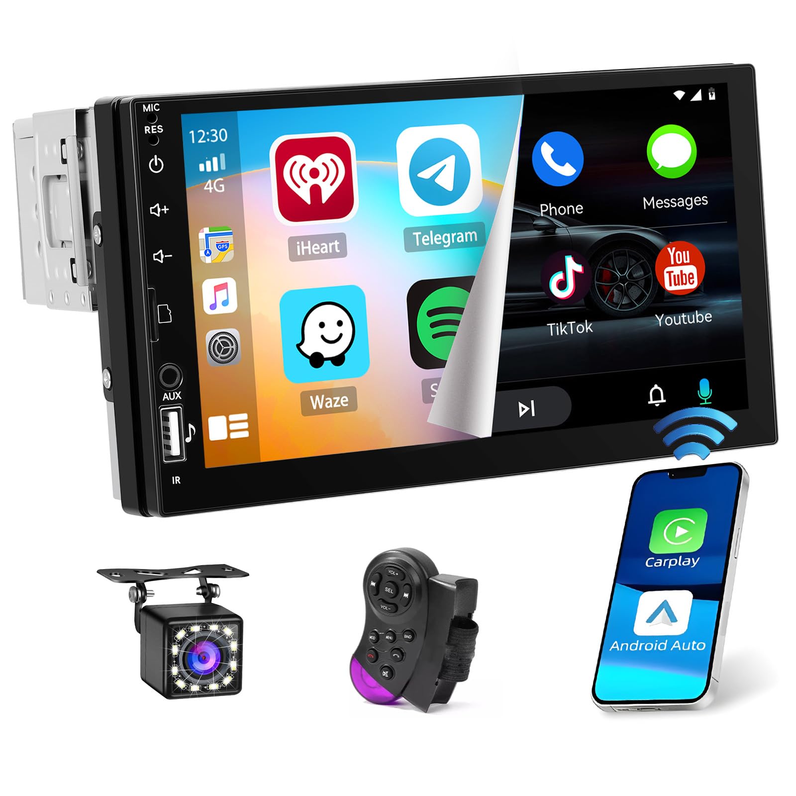 Autoradio 1 Din Avec Écran Tactile 7" - Bluetooth, CarPlay/Android Auto Sans Fil, Caméra De Recul - Pour Voiture