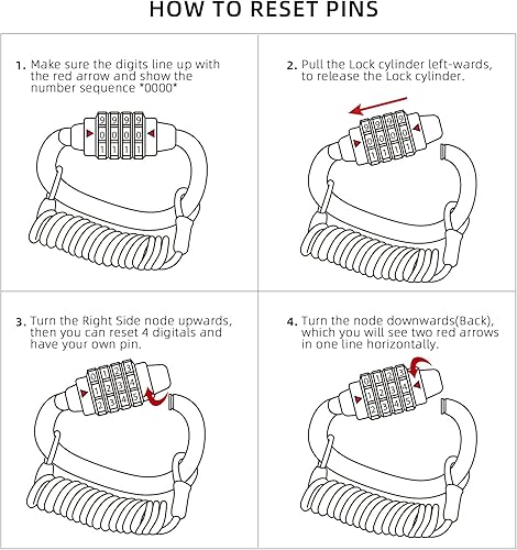 Miniatura 6 de Candado de cable para casco de motocicleta con combinación de 4 dígitos,Cerradura de bicicleta reajustable con barra en T,Cerradura de equipaje