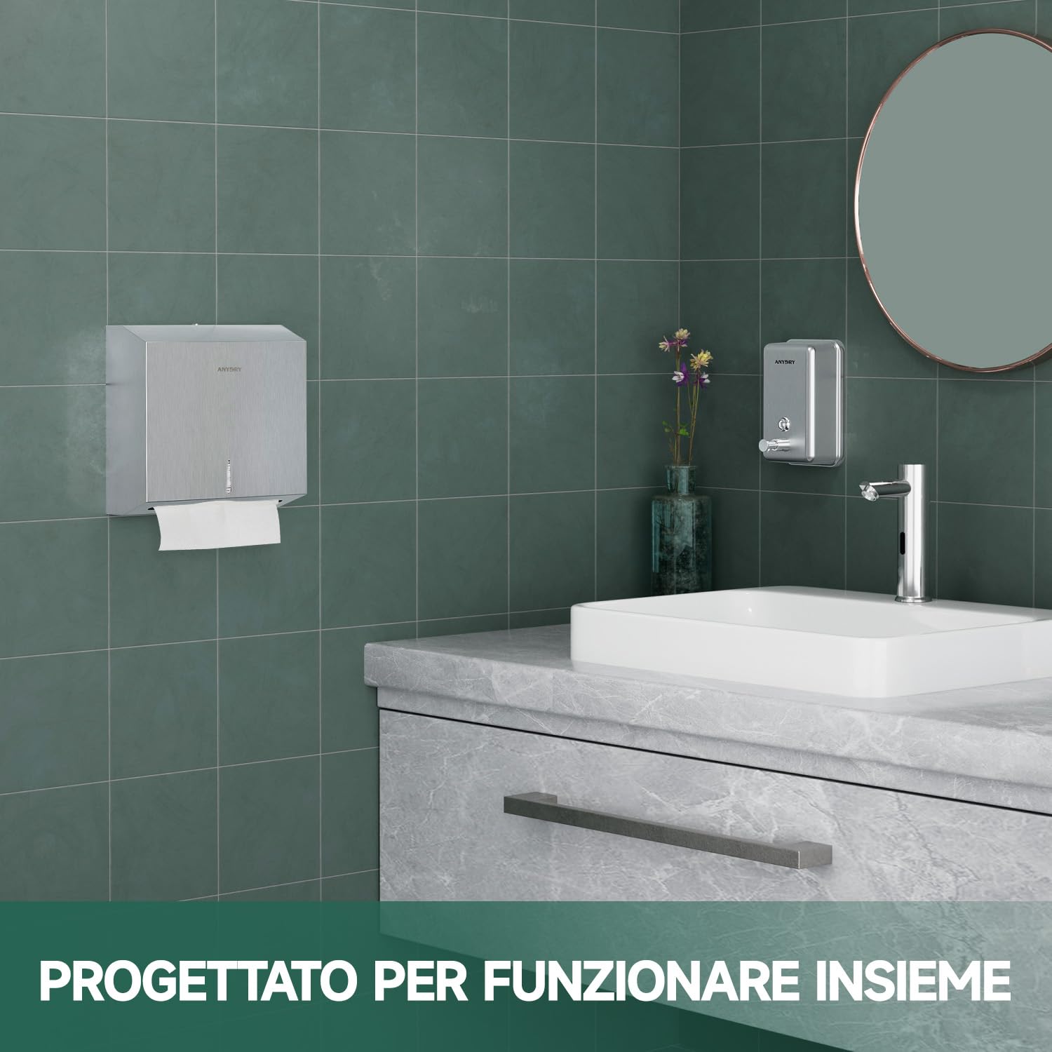 anydry Dispensatore di salviette di carta a montaggio murario – Capacità 250 fogli, acciaio inox satinato, bloccabile, multifold/Z-fold (dimensione piegata ≤ 27 cm x 10 cm)（Geschliffen）