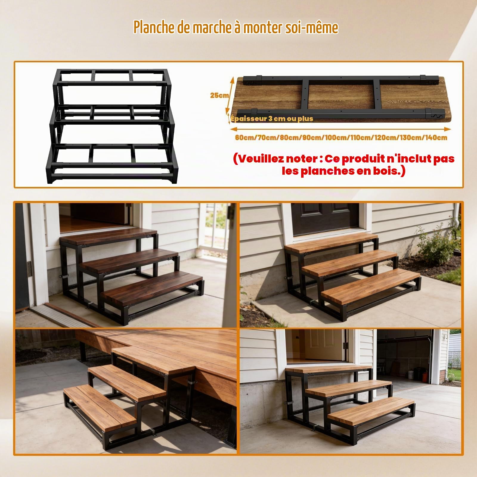 Contremarche en acier à 3 marches, limon métallique pour marche en bois, supports d'escalier autoportants pour marches intérieures et extérieures (Largeur 80 cm)