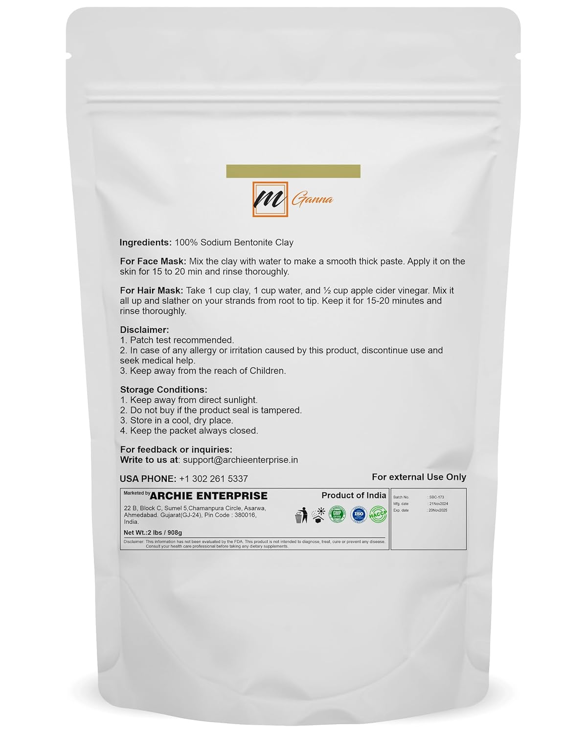 100% Natural Sodium Bentonite Clay Powder for Facial Masks, Creams, Body Wraps, Soft Peels and Scrubs and Soap Making 2 LBS / 908 GMS