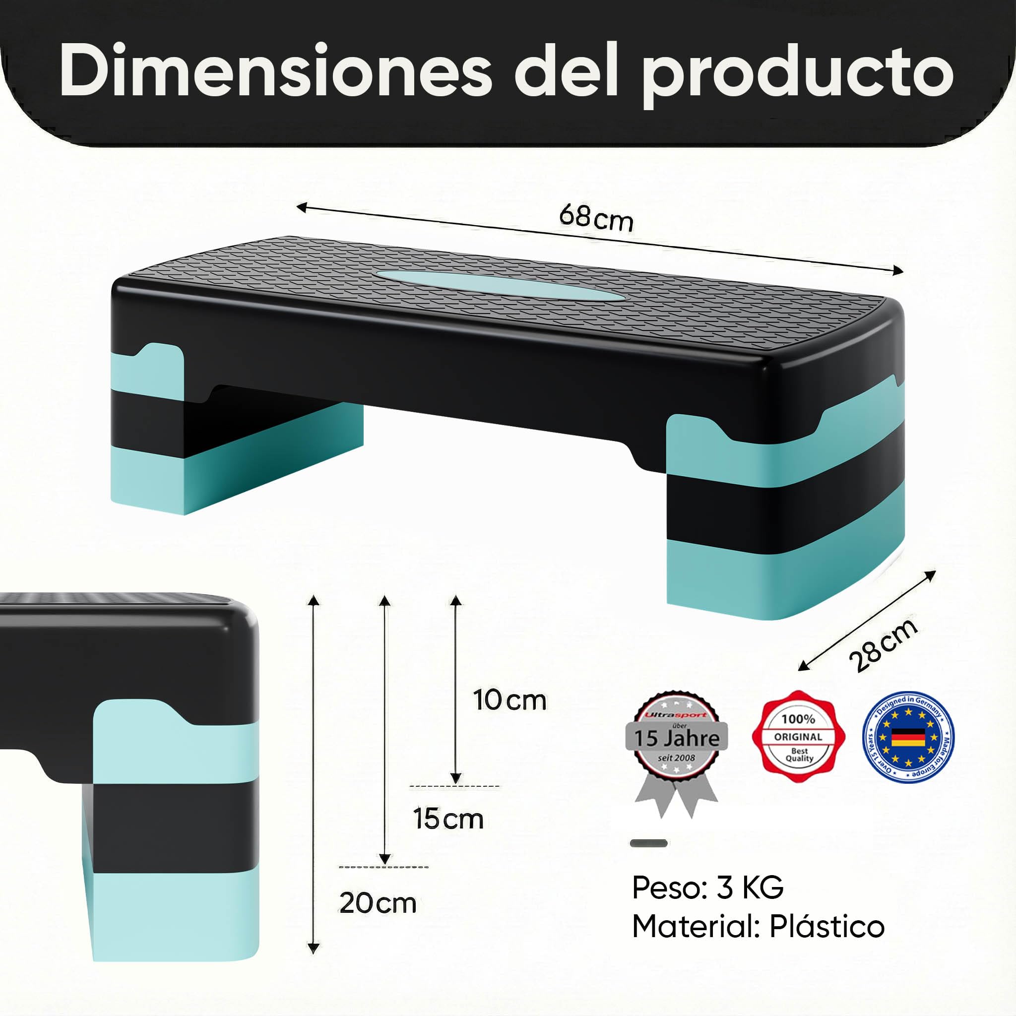 Ultasport Step de Aeróbic I Steps Fitness I Antideslizante, Ajustable en 3 Alturas I Stepper para Ejercicio en Casa, Stepboard, Stepbench 68 x 28 cm, Azul