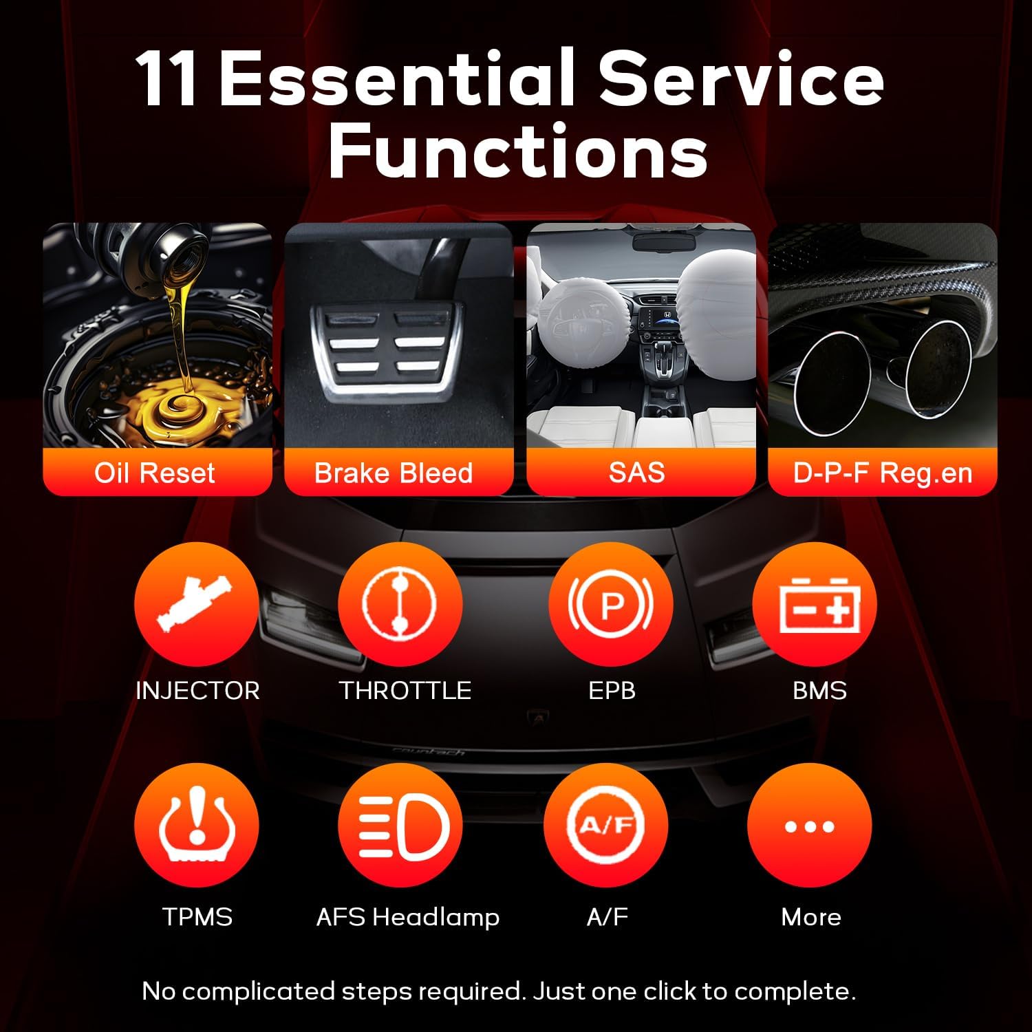 Autel MaxiDiag MD909 Pro displaying 11 essential service functions including Oil Reset, Brake Bleed, SAS, DPF Regeneration, Injector, Throttle, EPB, BMS, TPMS, AFS Headlamp, and A/F.