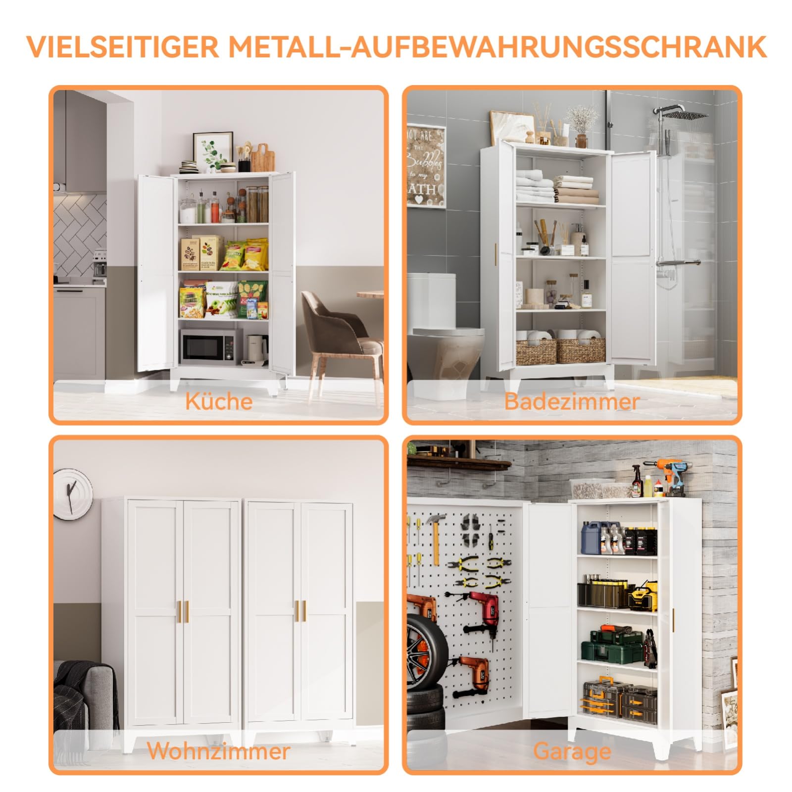 Mehrzweckschrank 70 cm Breit, Küchenschrank mit 2 Türen, Verstellbarer 4-Stufiger Metallschrank, Vorratsschrank, Allzweckschrank, für Küche, Esszimmer, Wohnzimmer und Homeoffice-Weiß-C