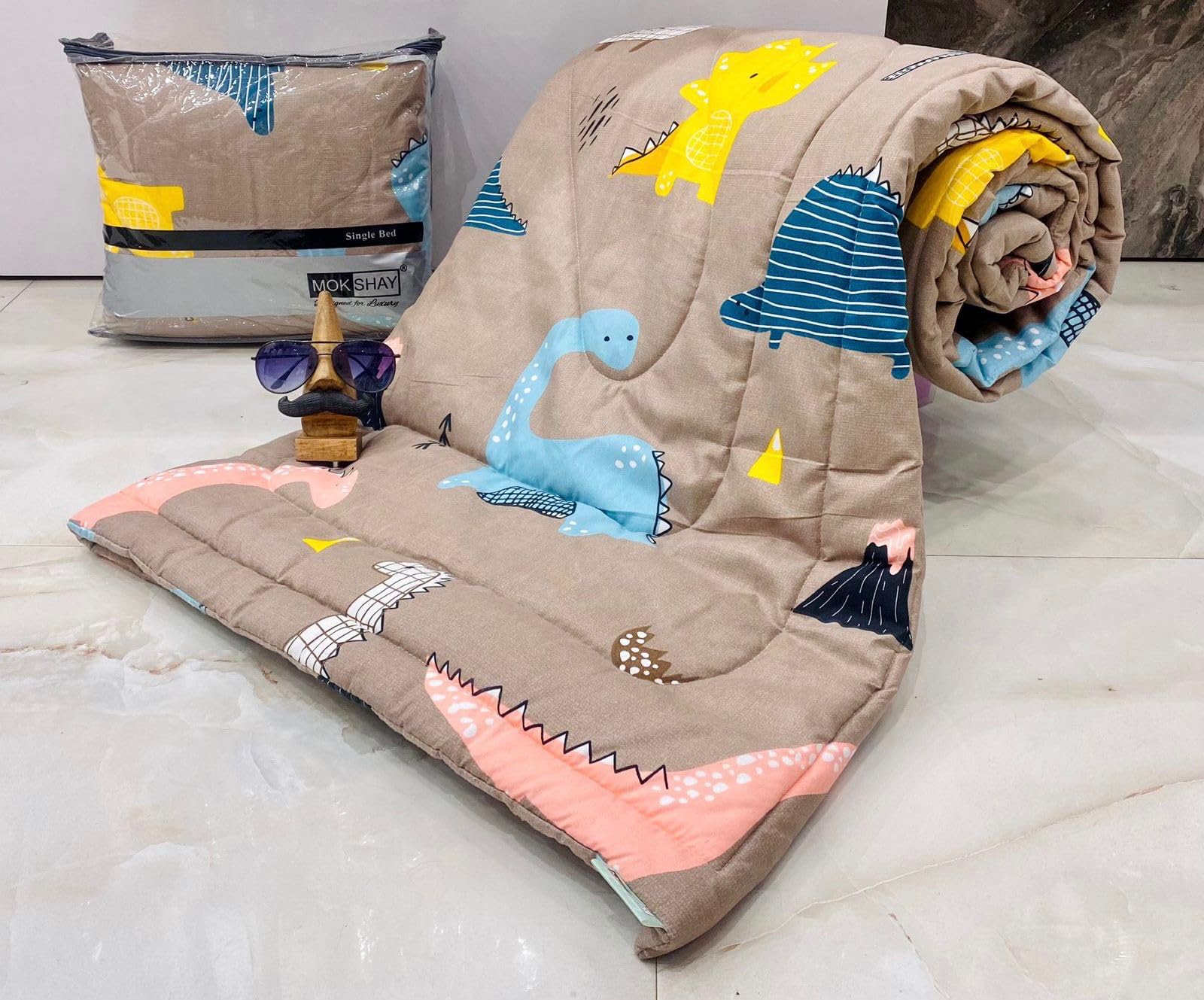 Super Soft Single Bed Cartoon Printed Microfiber Children Baby Kids' Glace Cotton Comforter (Size - 60" X 90" Inches) / Kids' Quilt/Blanket/Duvet, (Brown Dinosaur)-image-14