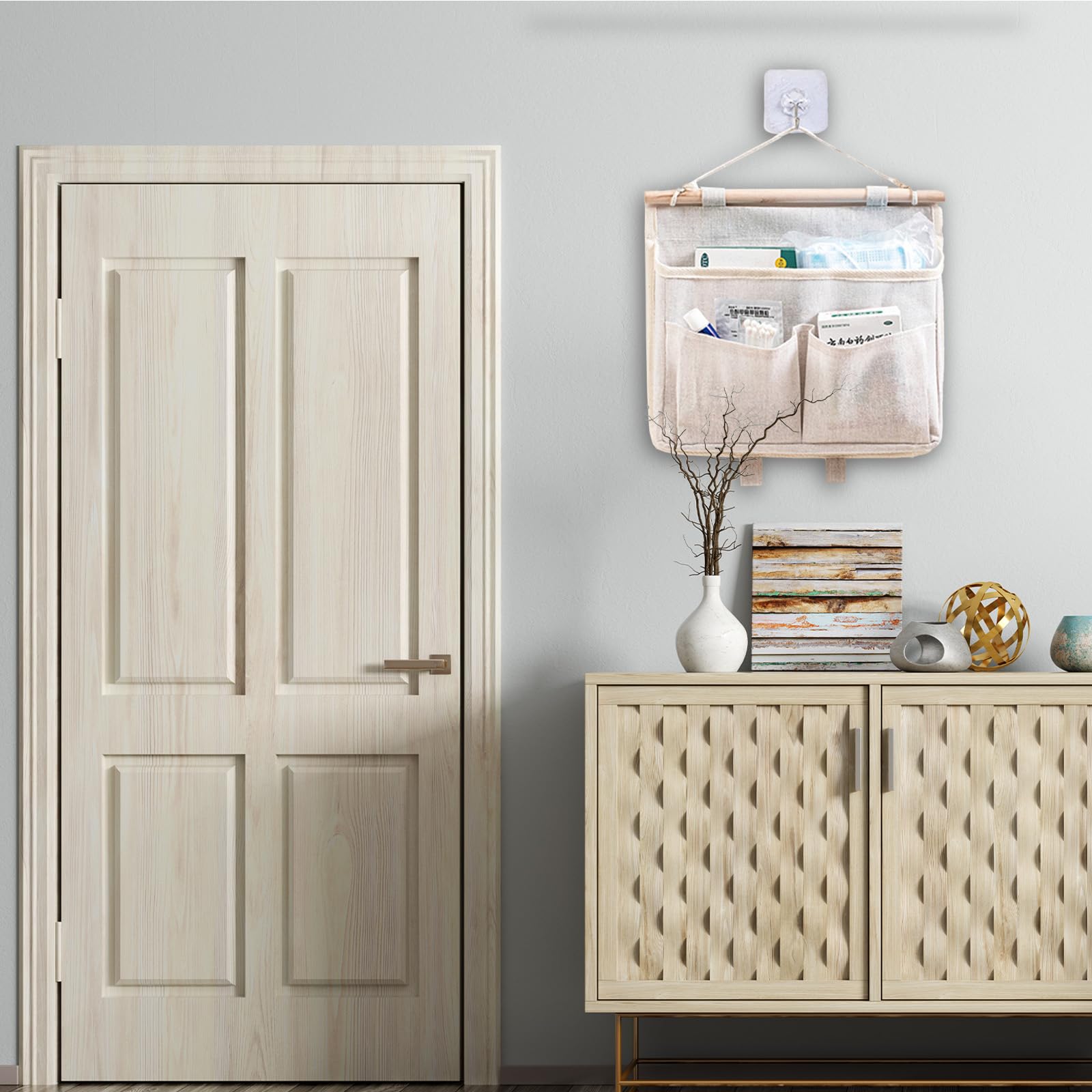 Set Da 2 Borse Portaoggetti Da Parete In Lino Con Tasche, Con Ganci, Struttura In Metallo, Dimensioni 23.5x39.5x10 Cm, Colore Grigio, Per Organizzare Cucina E Camera