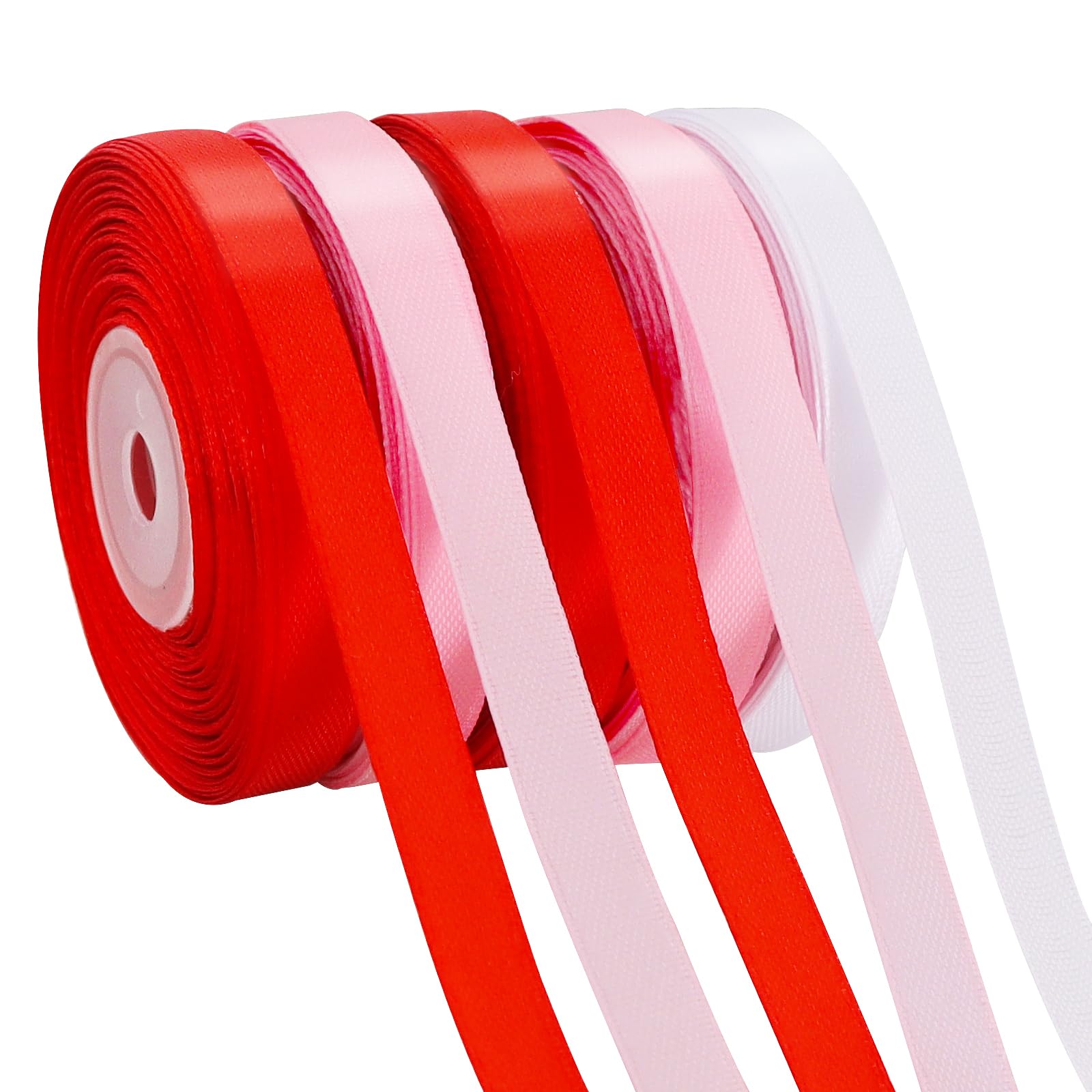 TONIFUL 5 Rolls Valentine Satin Ribbon Set - 3/8" x 25 Yards for Gift Wrapping, Crafts, Bouquet, Crafts, Bows Making, Wedding, Anniversary, Christmas Party Decoration (Red, Pink & White)