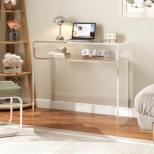 Miniatura 2 de Escritorio de oficina acrílico, mesa de estudio moderna para computadora portátil con almacenamiento abierto, mesa de consola transparente, mesa de