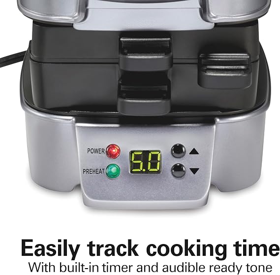 Hamilton Beach Sandwich Stacker Customizable Hot Sandwich Maker, 24 Sq. In. Non-Stick PFAS-Free Cooking Surfaces, Built-In Timer, Compact, Dishwasher-Safe, Silver (25471)