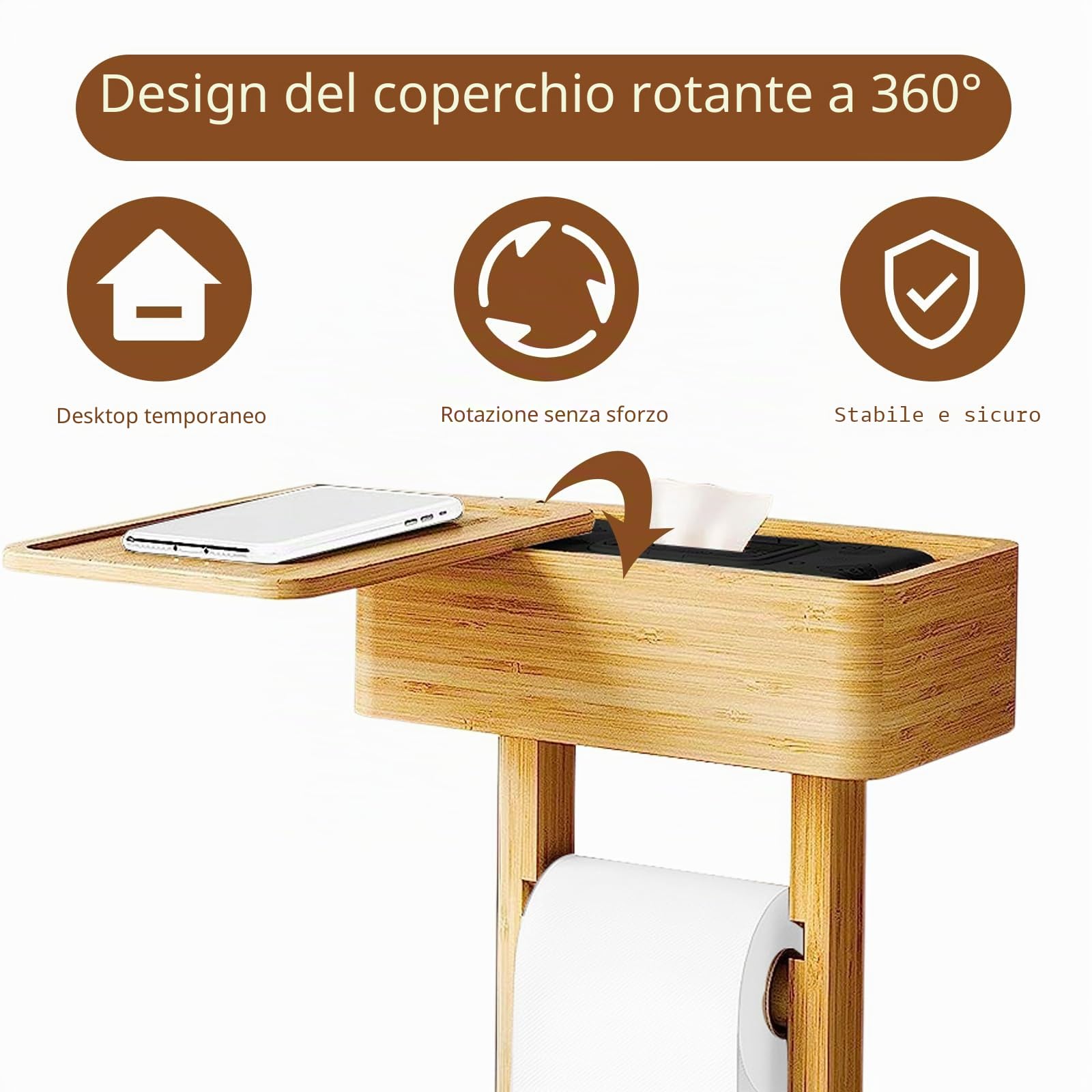 Supporto per Carta Igienica 4 in 1 Con Ripiano Portaoggetti, Porta Rotolo in Bambù Autoportante, Organizer