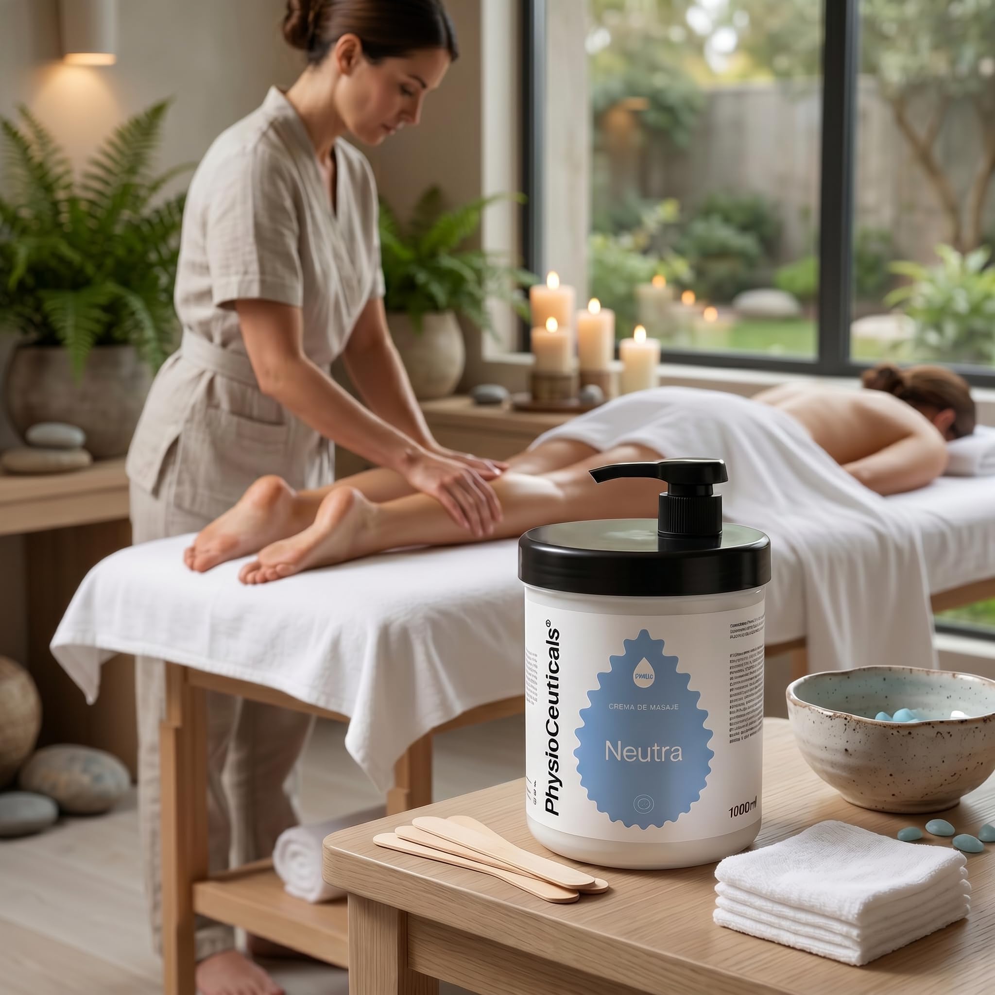 PHYSIOCEUTICALS - Crème de Massage Neutre professionnelle 1000 ml + Pompe doseuse - Base sans parfum à la vitamine F - Idéale pour la physiothérapie, le chiroprassage et les spécialistes
