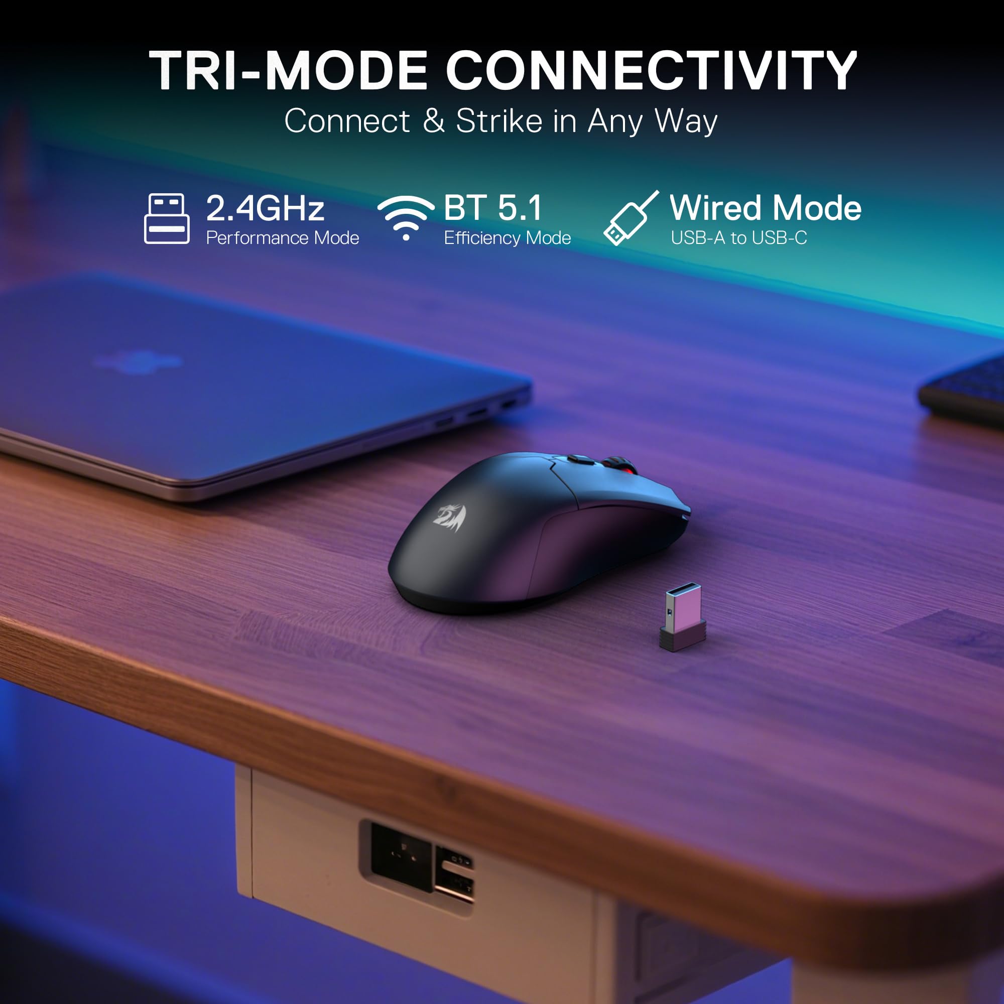 Redragon M995 LIT Gaming Mouse, 10000 DPI Wired/Wireless, BT & 2.4G Wireless, 6 pulsanti macro, 51G ultra leggero, capacità di alimentazione affidabile per PC/Mac/Laptop, grigio