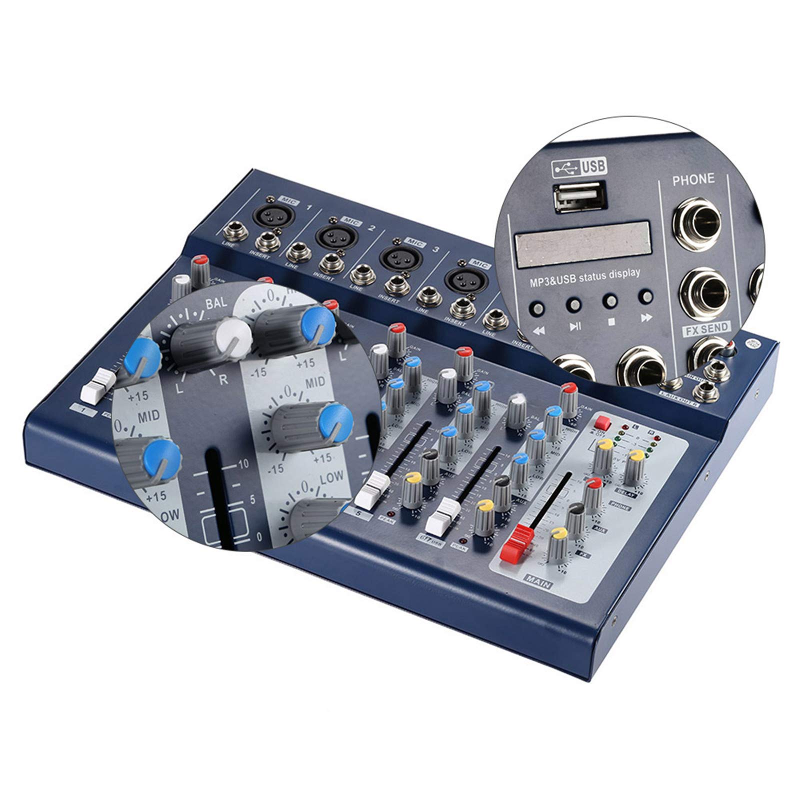 AFYH Bureaux de mixage de Studio, Console de mixage Audio de Ligne de Micro numérique à 7 canaux avec entrée USB Égaliseur à 3 Bandes pour l'enregistrement de la Musique de karaoké sur scène DJ