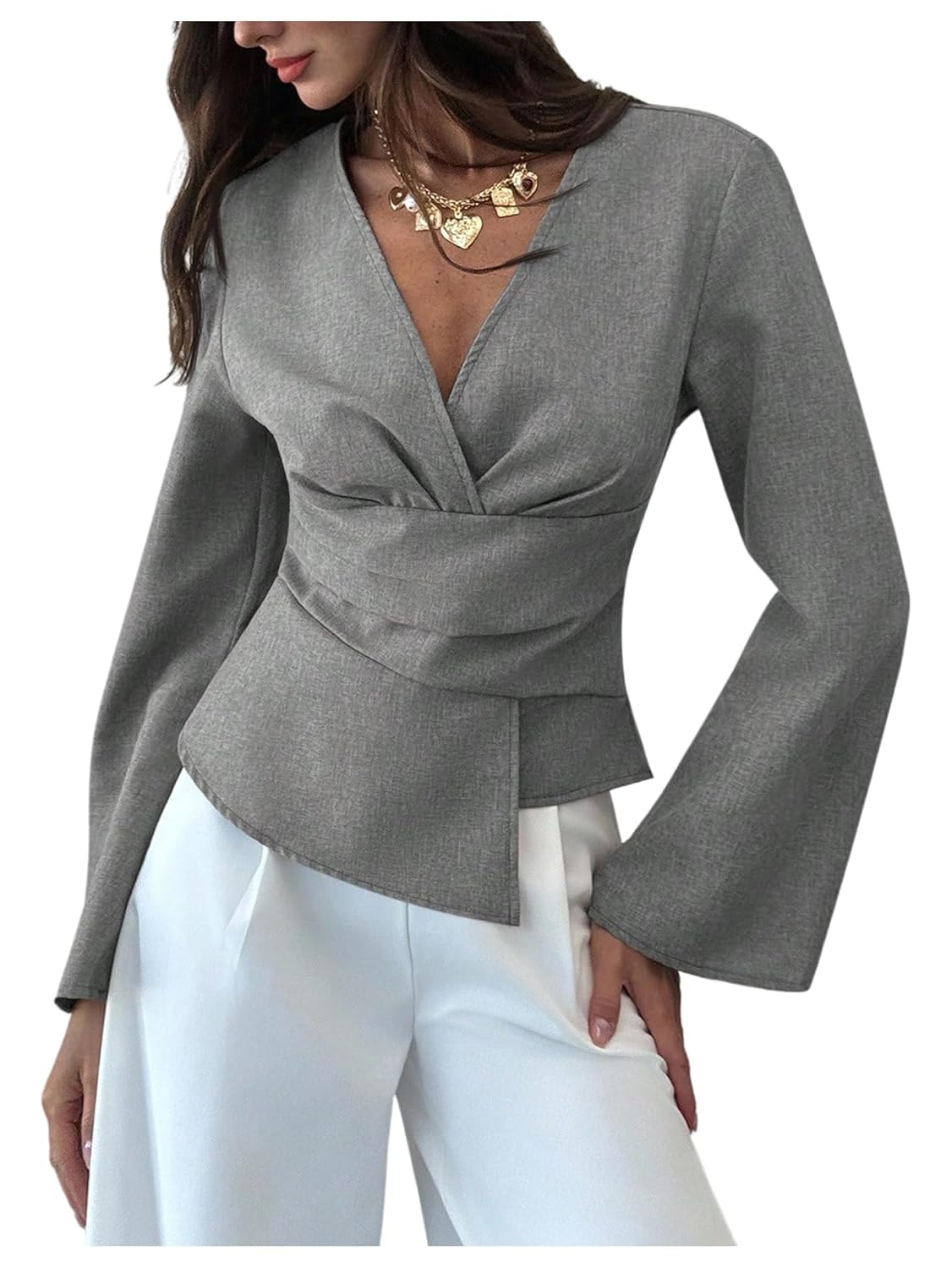 SweatyRocks Womens Wrap Asymmetrical Cinched Waist Tops Dressy Casual V Neck Pleated Business Work Blouses