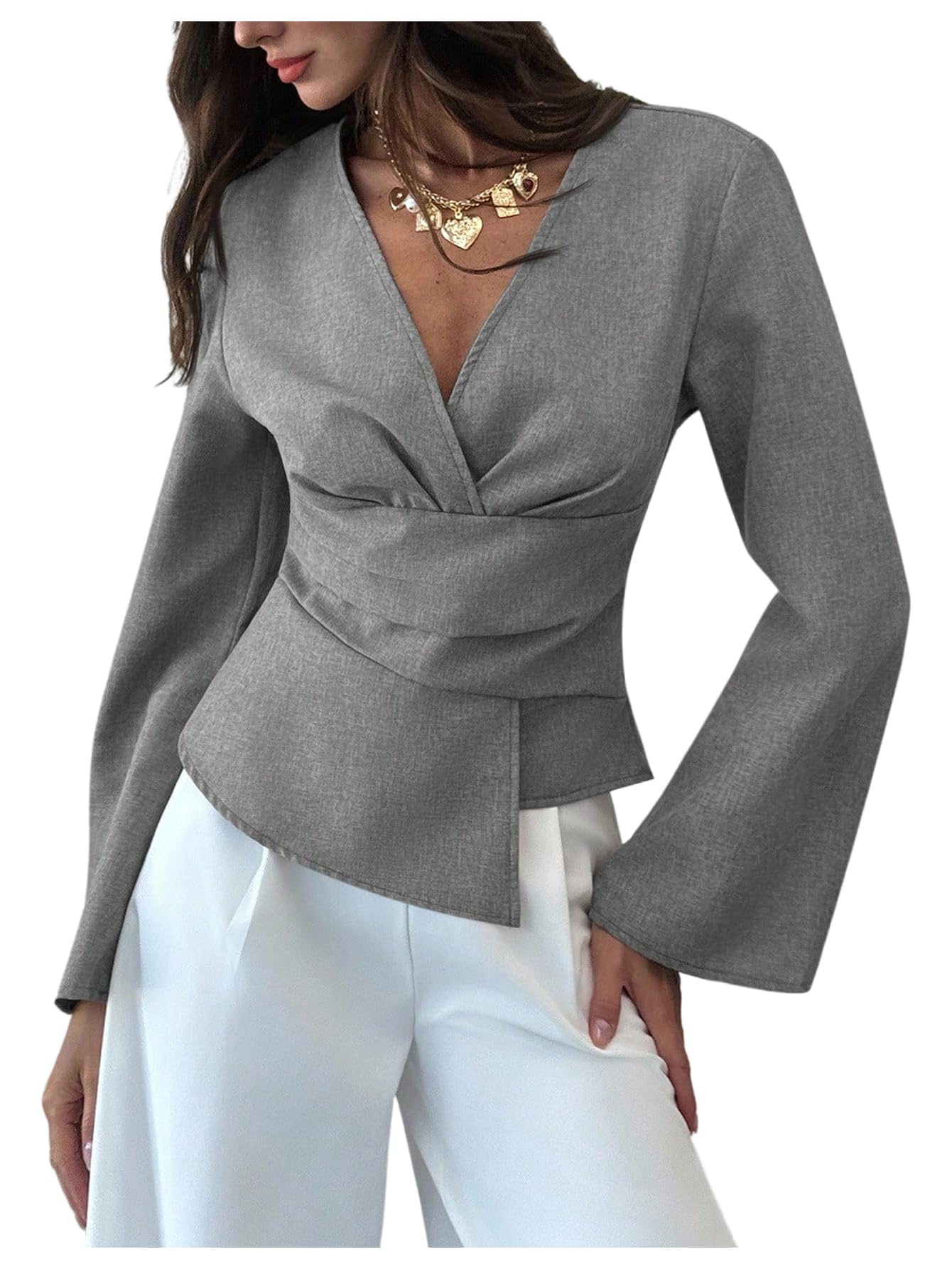 SweatyRocks Womens Wrap Asymmetrical Cinched Waist Tops Dressy Casual V Neck Pleated Business Work Blouses