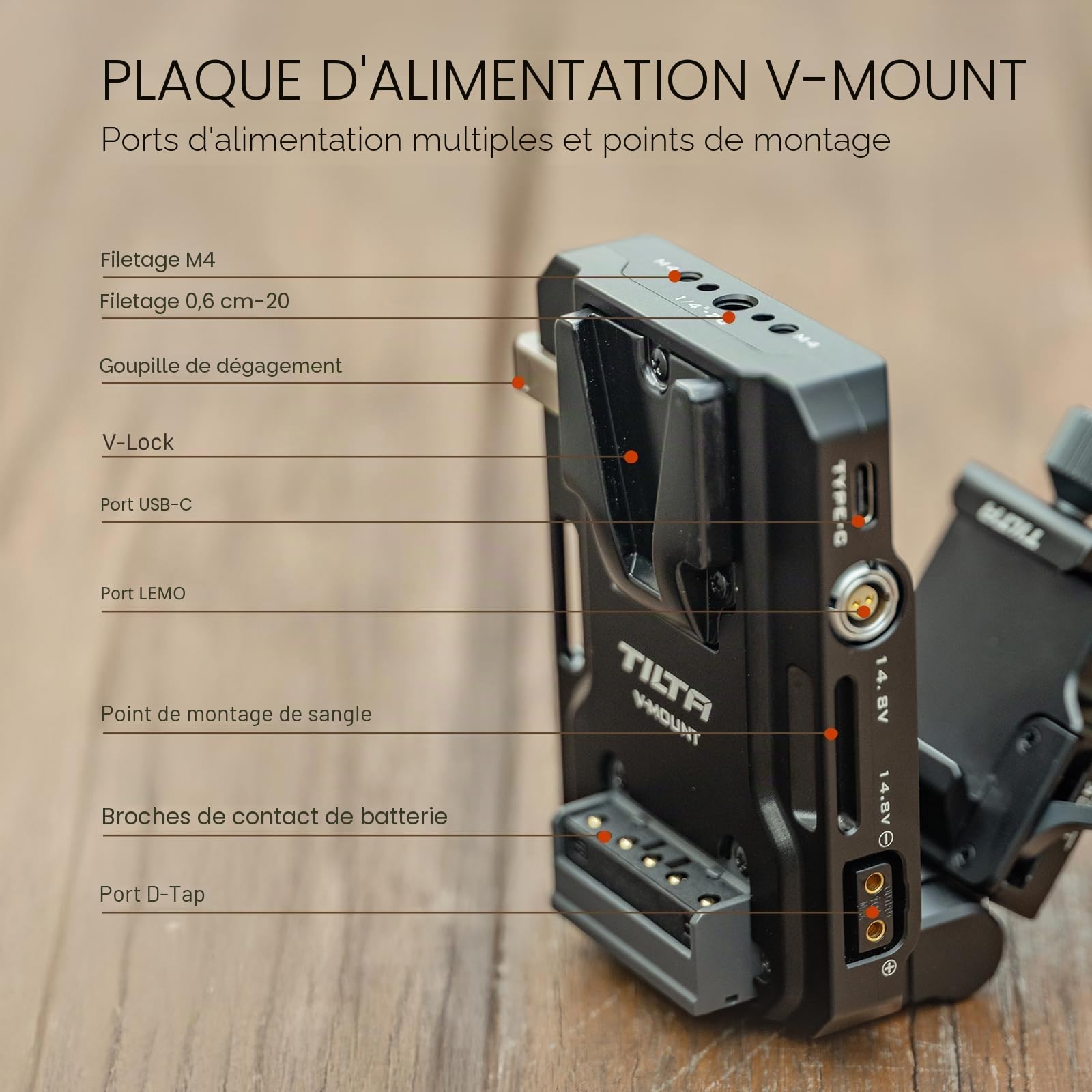 Tilta Plaque de Batterie Mini PD V Mount avec Récepteur ARCA Réglable - Noir TA-BTP4K-V-B