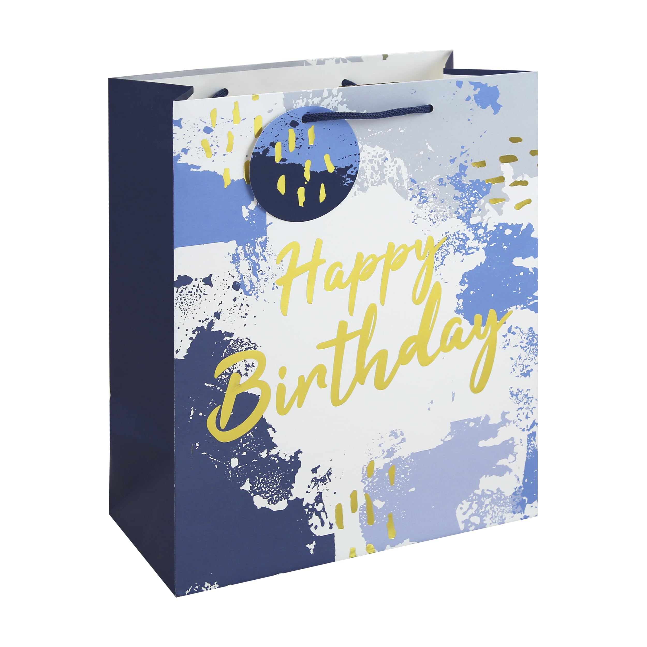 Eurowrap Happy Birthday Large Gift Bags Pack of 6 – Blue & White Paint Splash Design with Foil Finish, White Kraft Paper & Paper Woven Handles – Birthday Gift Packaging for Men & Boys