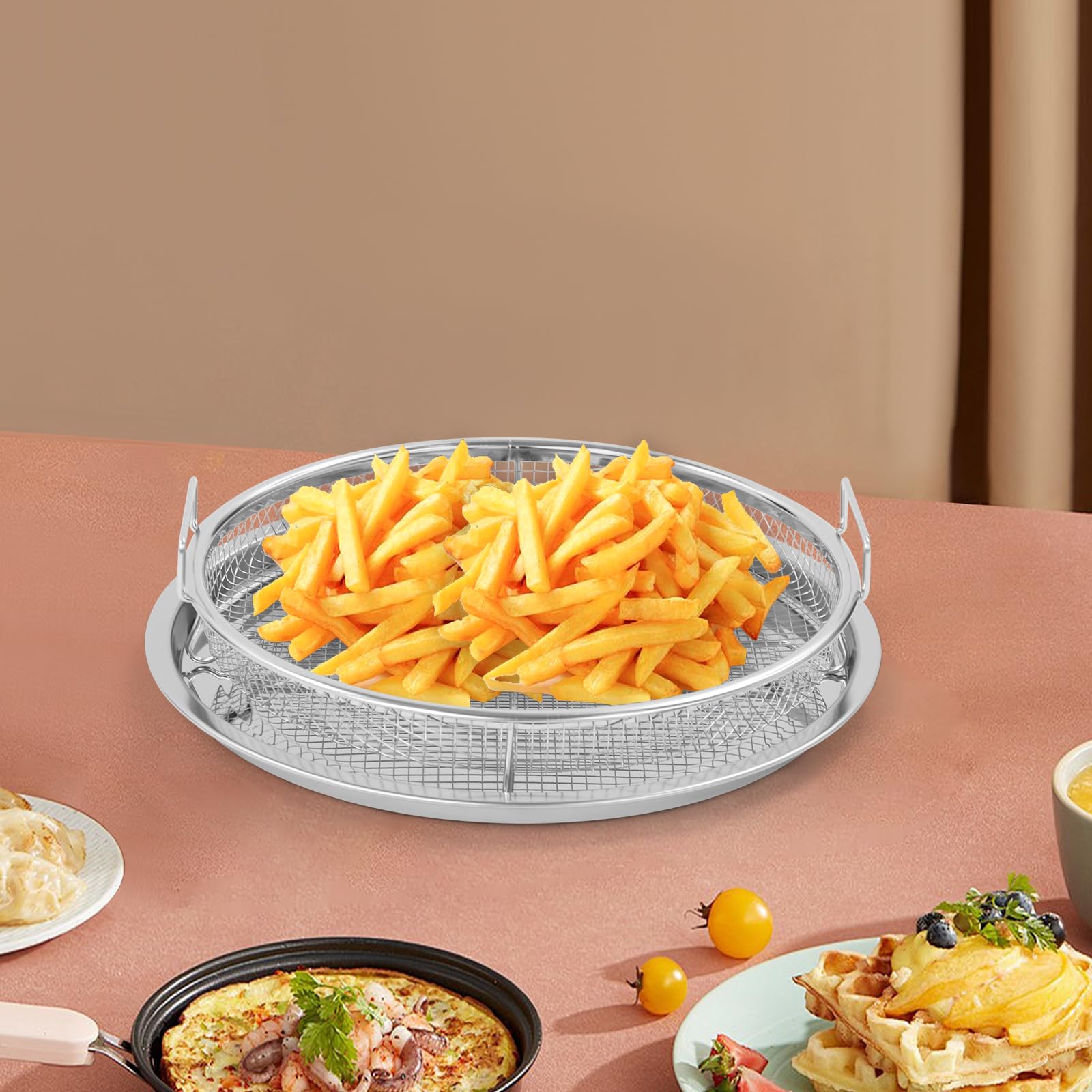 Griglia per barbecue, griglia per forno, griglia per barbecue, cestino in acciaio al carbonio, cestino per barbecue con manico, teglia per pollo, pesce, verdure (argento, rotondo)