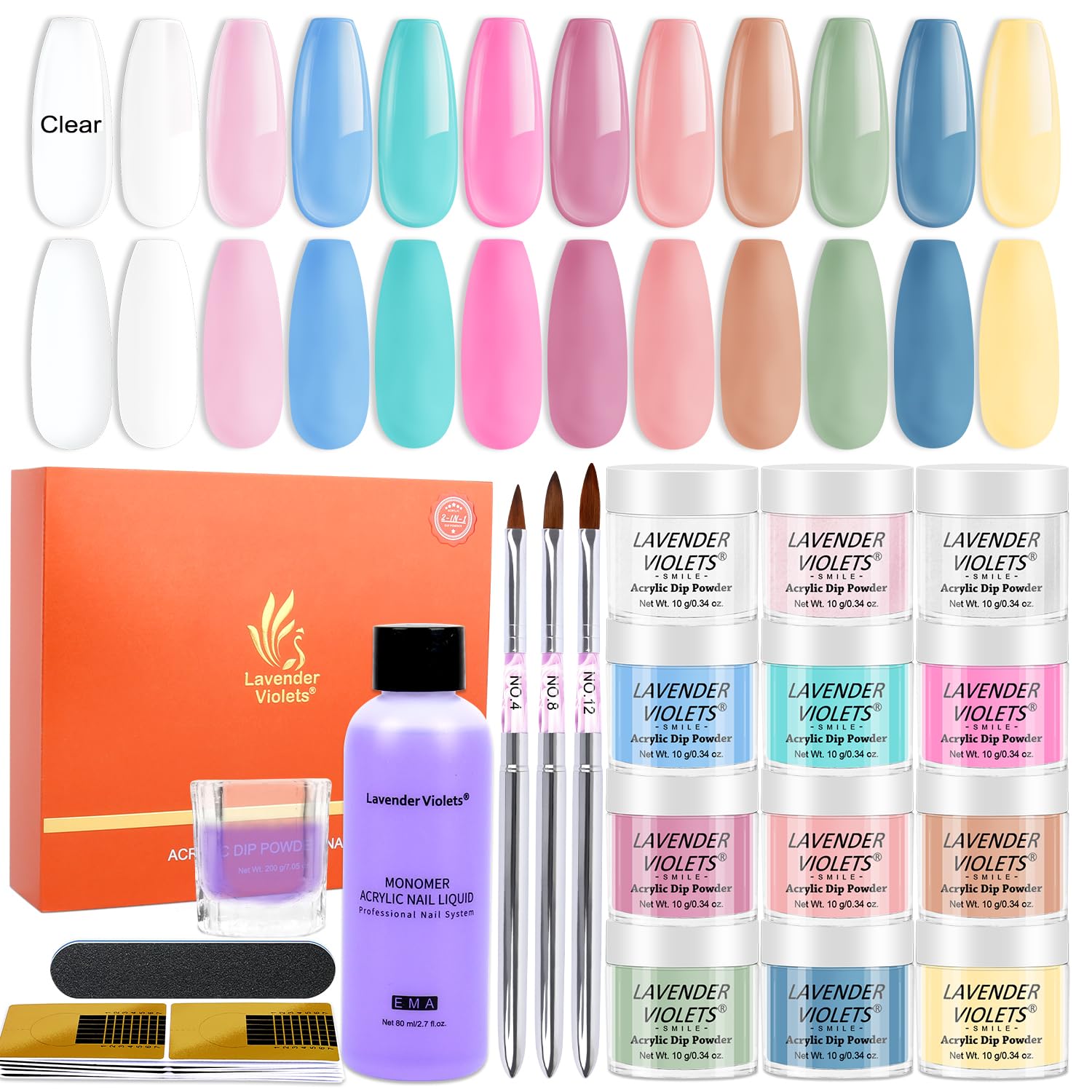 Lavender Violets Acrylic Nail Kit 12 Colours Clear Spring Green Mint