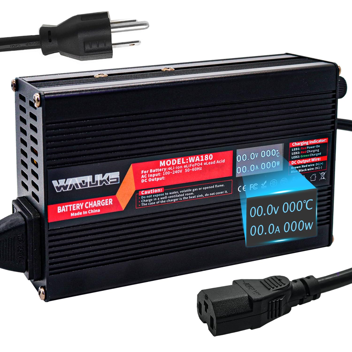 WAOUKS 29.4V 5A Li-ion Battery Charger Output C13 Connector Use for 7S 24V Lithium Battery Pack with Cooling Fan OLED Display