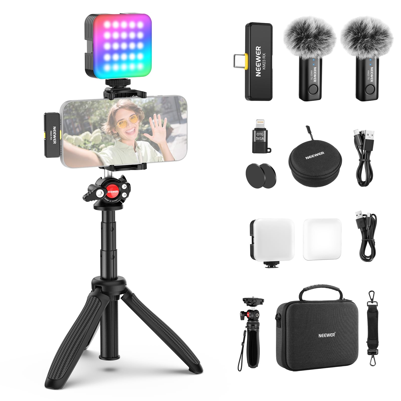 NEEWER Vlogging Kit for Phone with RGB LED Light/Lavalier Wireless Microphone System/Selfie Stick Phone Tripod, Content Creator Essentials for iPhone Android Podcast YouTube, PA048