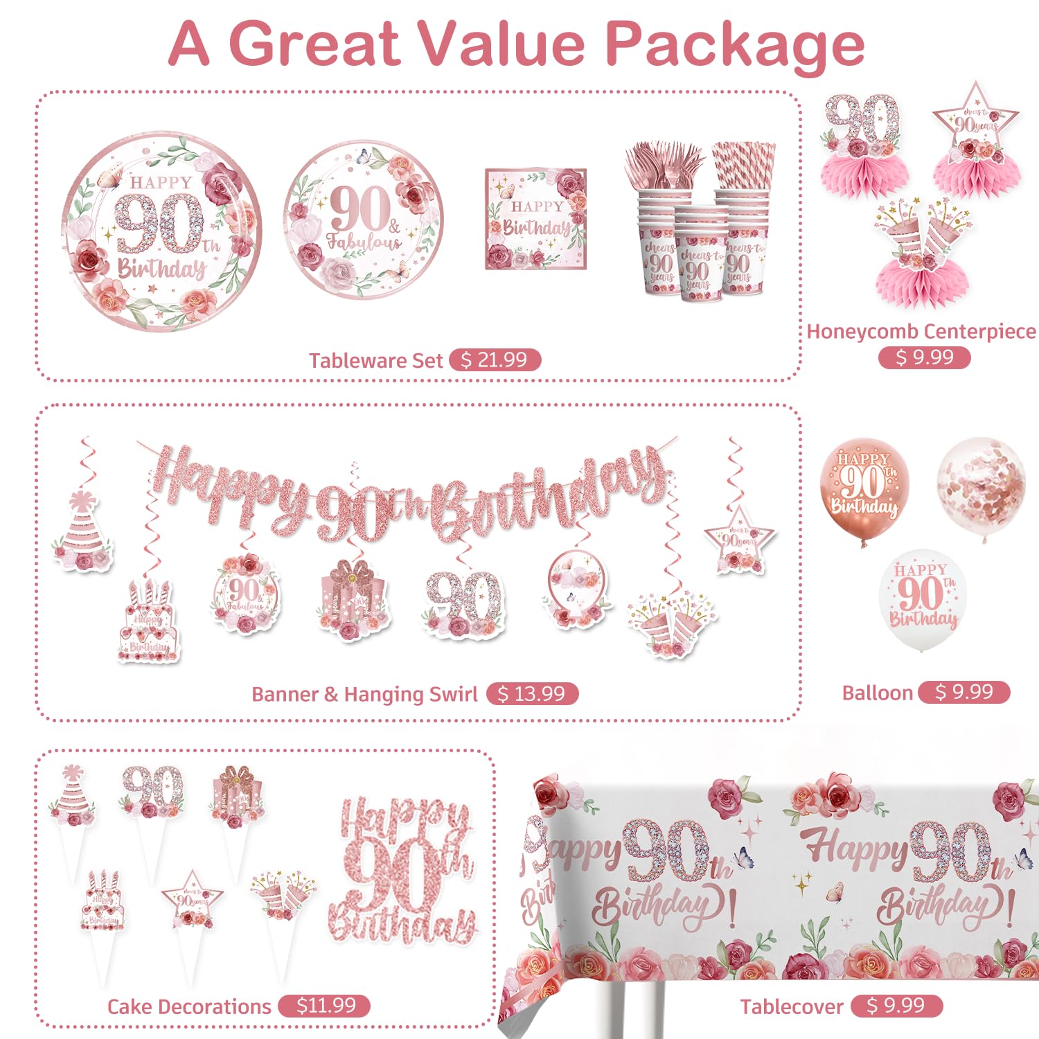 Juego de vajilla de 175 piezas de decoración de 90 cumpleaños para mujeres, decoraciones de 90 cumpleaños con juego de platos y servilletas de 90 cumpleaños, pancarta de oro rosa 90 para colgar,