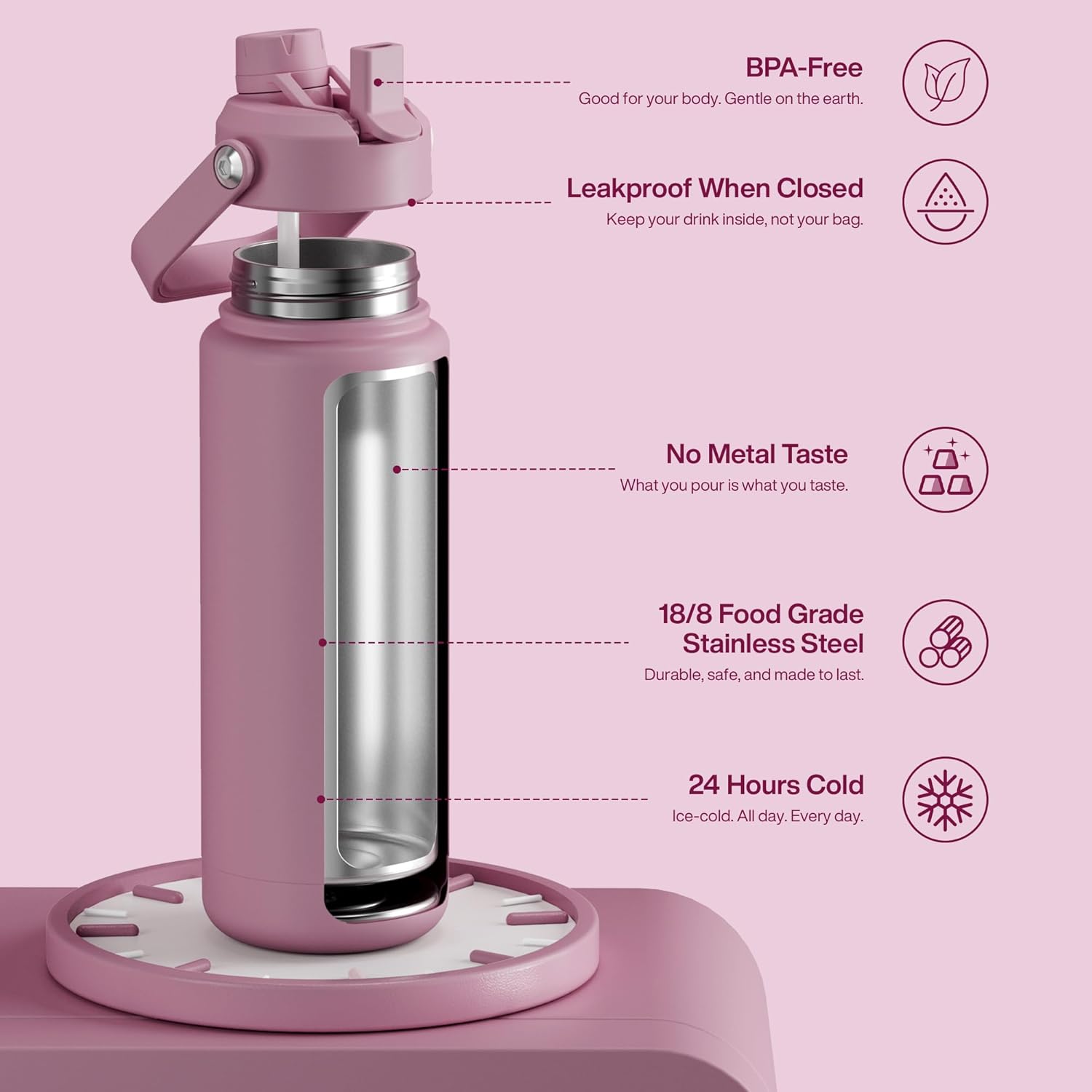 ENCOOL Insulated Water Bottle with Straw Stainless Steel Water Bottle, Leak-Proof, BPA-Free, Double Wall Vacuum Keeps Cold for 24 Hours for Sports, Travel, School (32 oz, Mountbatten Pink)