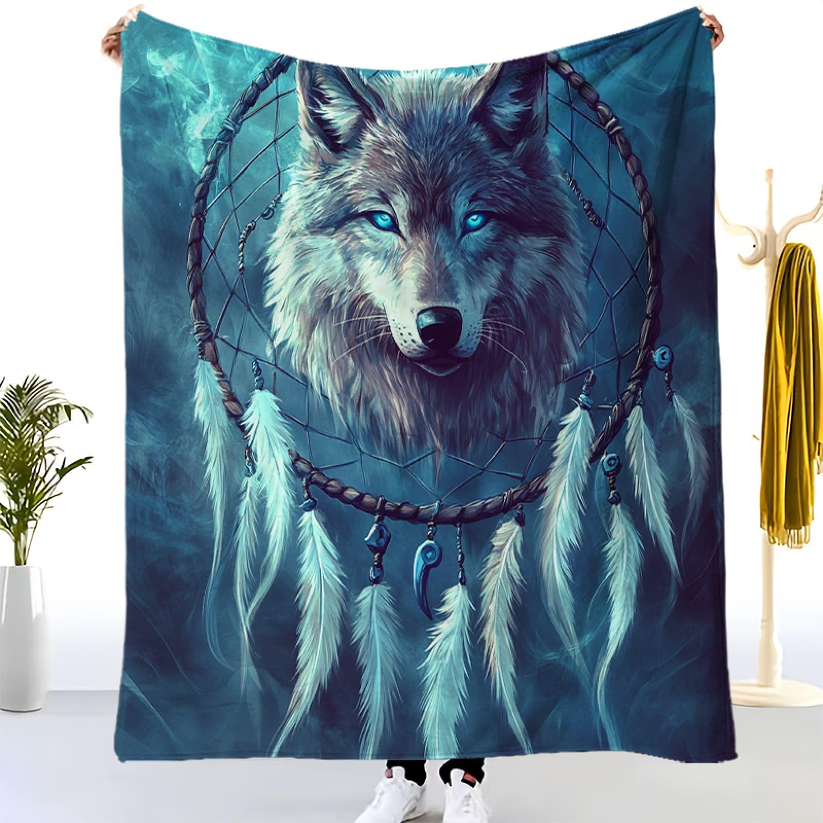 Manta de Peluche Manta de Lana AtrapasueñOs con Cabeza de Lobo Animal Manta de Estar Caliente Otoño Invierno Suave XXL, Azul Manta de Franela Sherpa para Sofá Cama, para Niños Niñas 180x220 cm