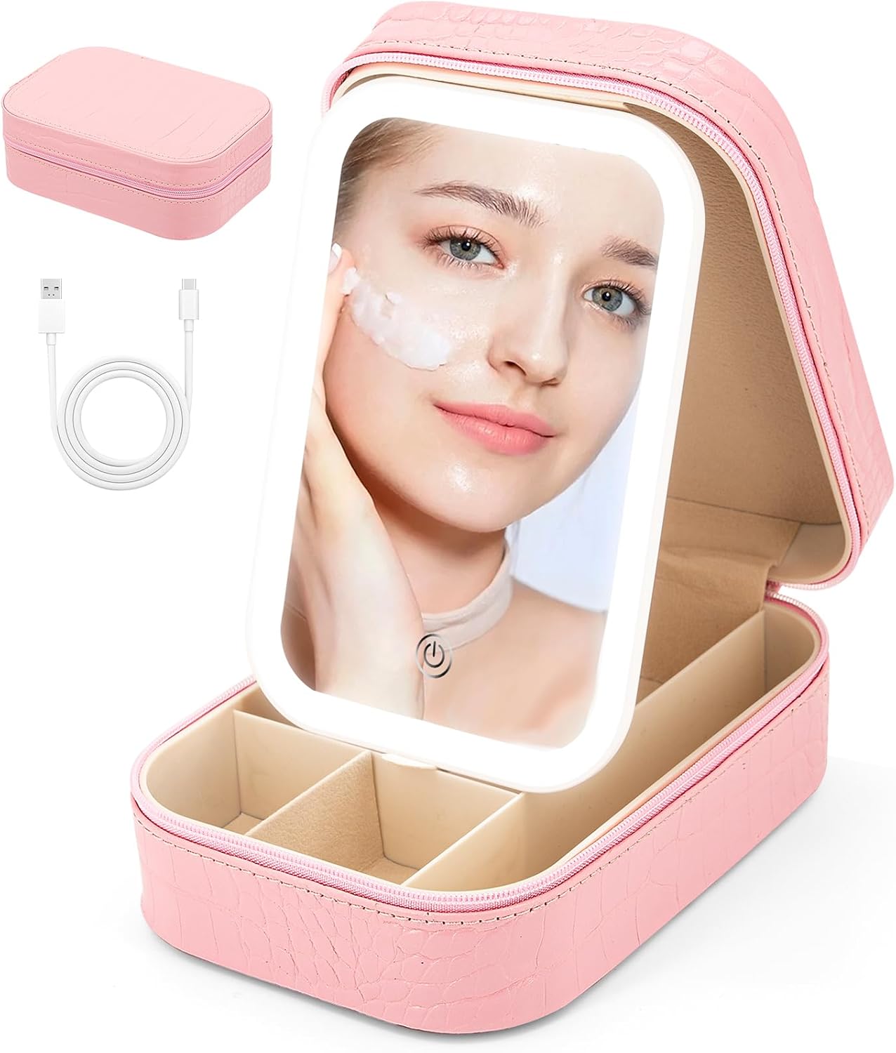 Small Travel LED Makeup Mirror Case with 3 Adjustable Color Light Settings, Dust-Proof Jewelry Box, Mini Cosmetic Train Case Ideal for Short Trips (Croc Pink)