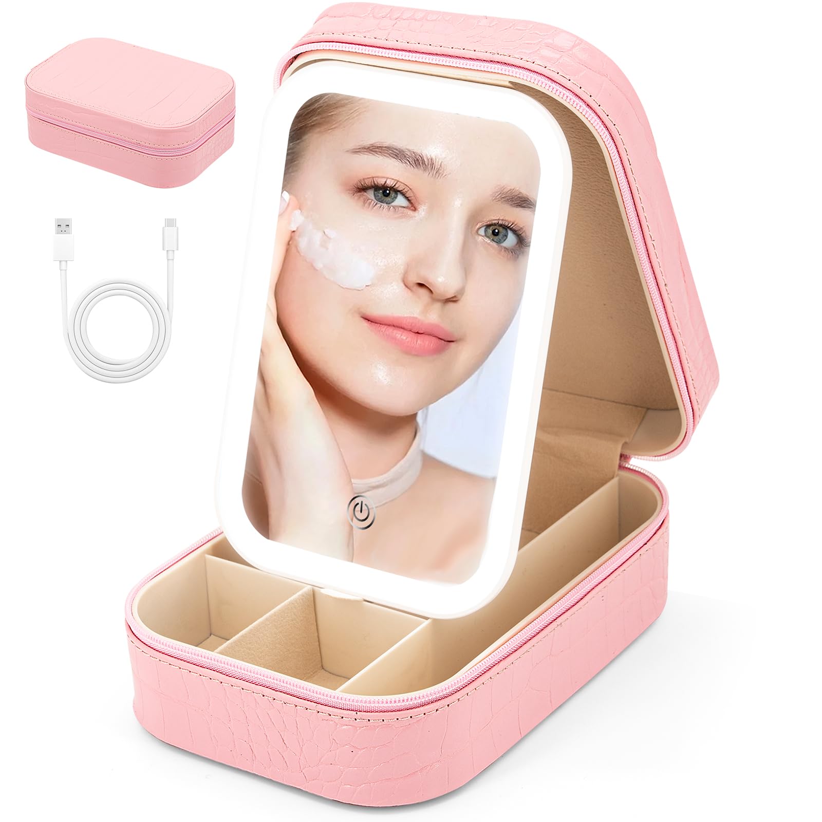 Small Travel LED Makeup Mirror Case with 3 Adjustable Color Light Settings, Dust-Proof Jewelry Box, Mini Cosmetic Train Case Ideal for Short Trips (