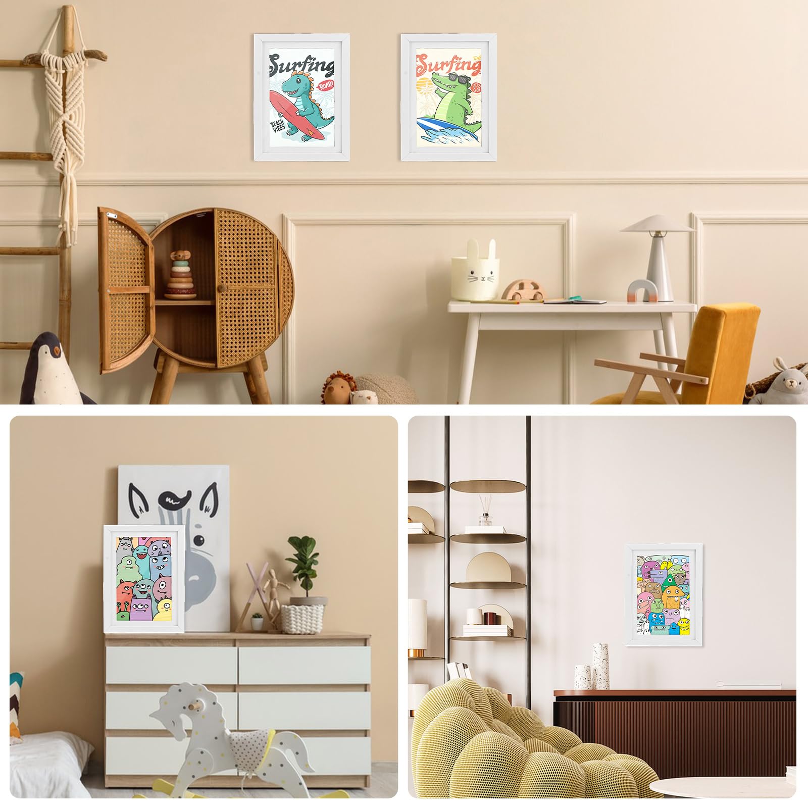 3 marcos de fotos para niños, A4, apertura frontal, marco de fotos para cambiar dibujos infantiles, A4, plegable para imágenes infantiles, marco de fotos rellenable, madera, blanco