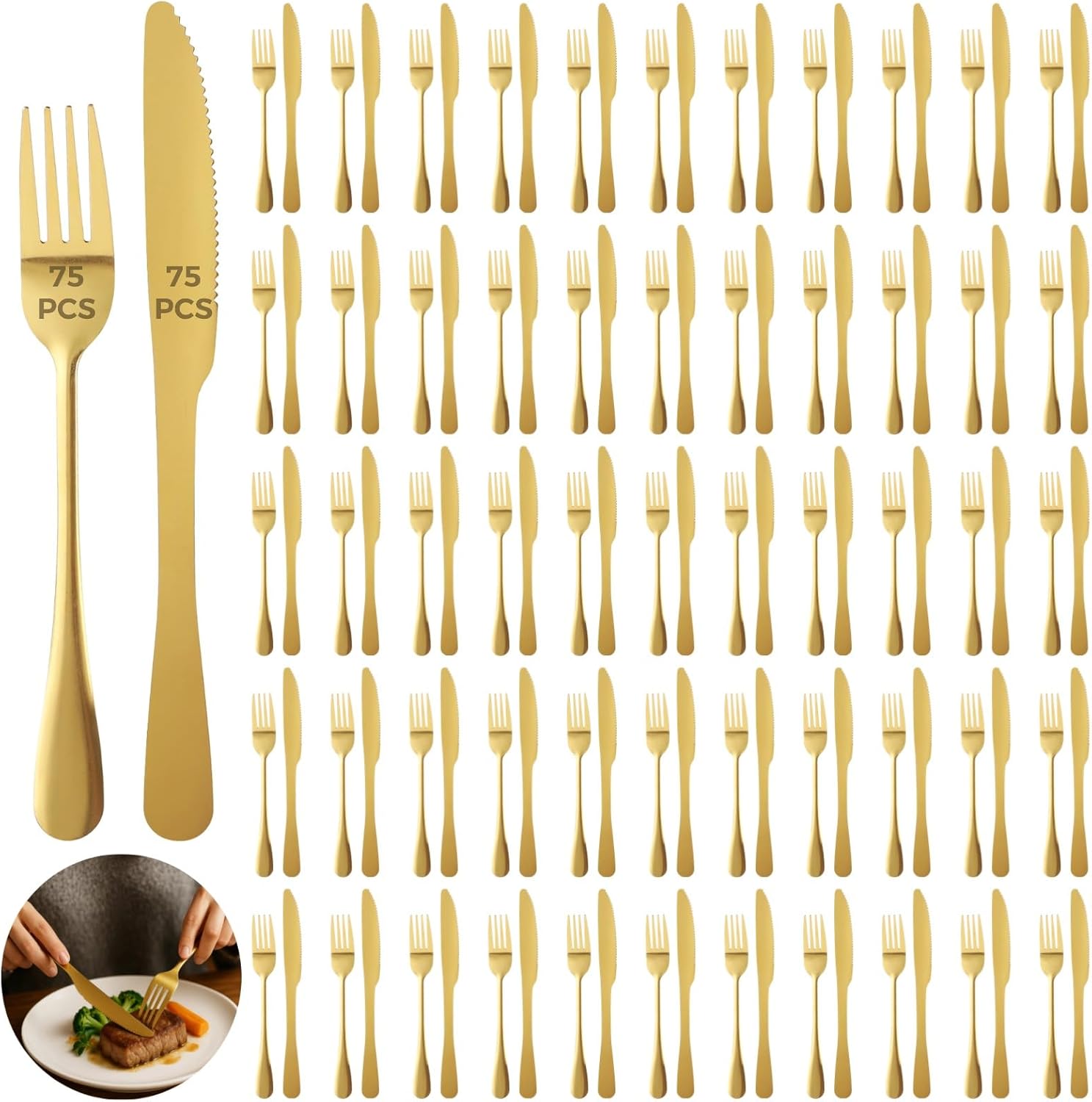 150 Pcs Gold Silverware Set, Includes 75 Forks and 75 Knives, Stainless Steel Flatware Set, Elegant and Sturdy Cutlery, Smooth Surface, Dinner Tableware, Ideal for Home, Restaurant