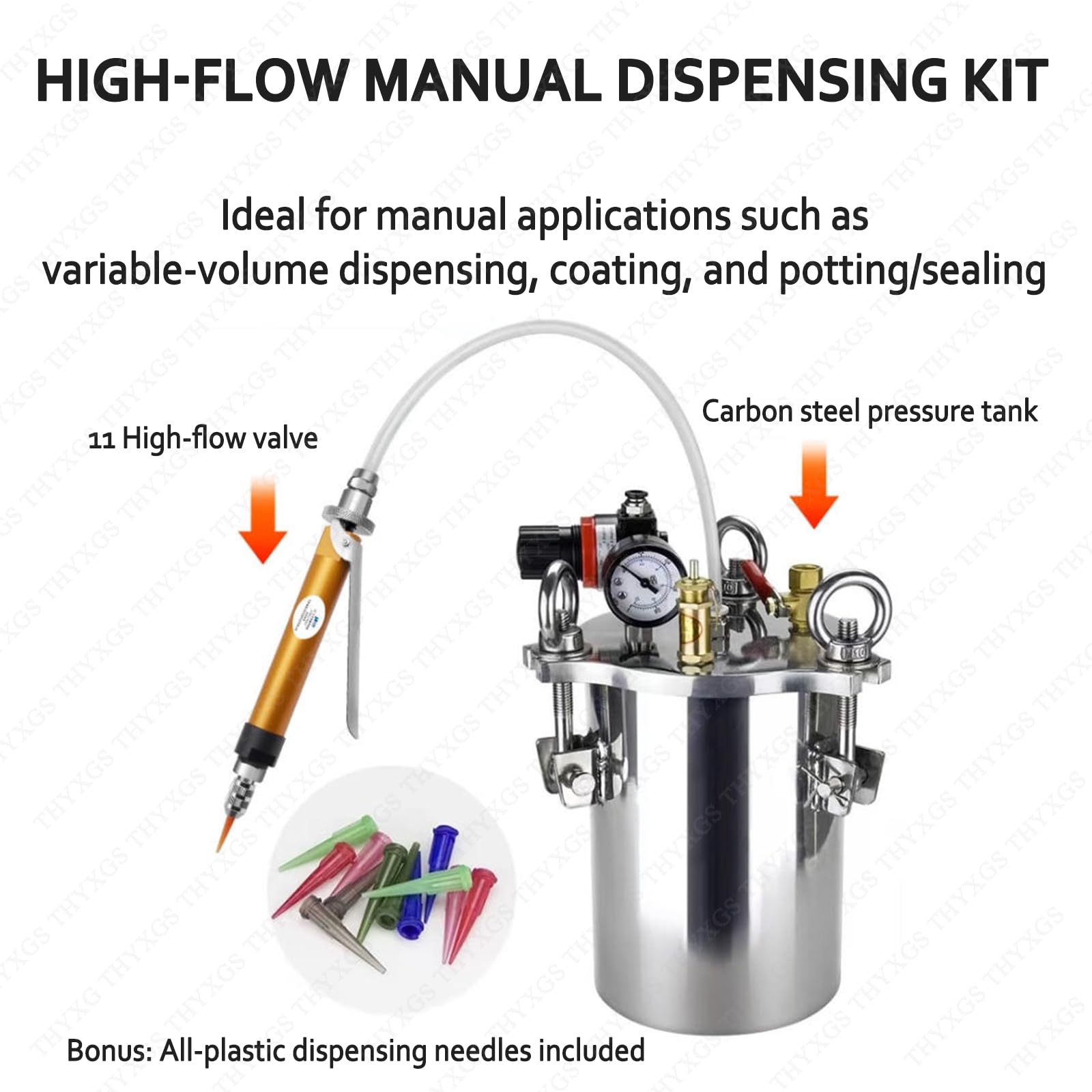 Réservoir sous Pression en Acier Inoxydable 304 pour Distribution De Colle, avec Vanne Manuelle, Manomètre, Soupape De Sécurité Et Tuyau, Capacités Au Choix : 1 L, 2 L, 3 L Ou 5 L 3L