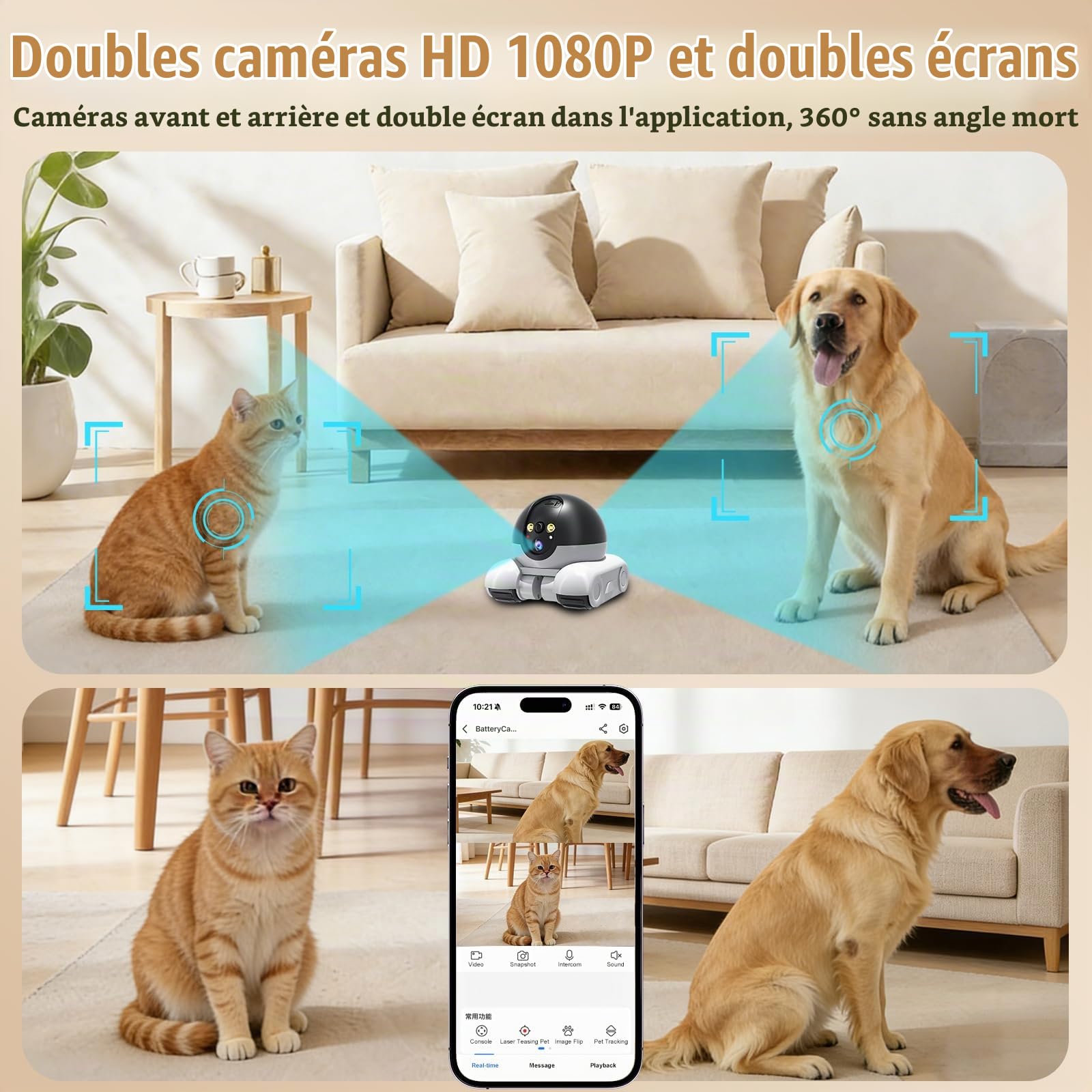 Robot de Caméra, 1080P Double Caméra Robotique, WiFi Mobile Pet Camera avec Croisière Automatique, Audio Bidirectionnel et Vision Nocturne pour Animaux de Compagnie Maison