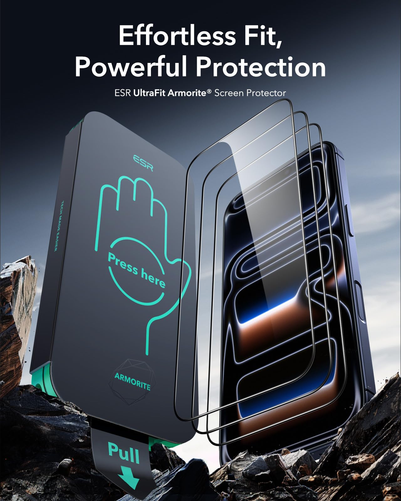 ESR 3 pezzi, Pellicola Vetro Temperato per iPhone 17 Pro, Vetro temperato di qualità militare, Infrangibile, Rivestimento anti-riflesso, Durevole, serie Armorite Ultra-Tough con supporto Ultra Fit