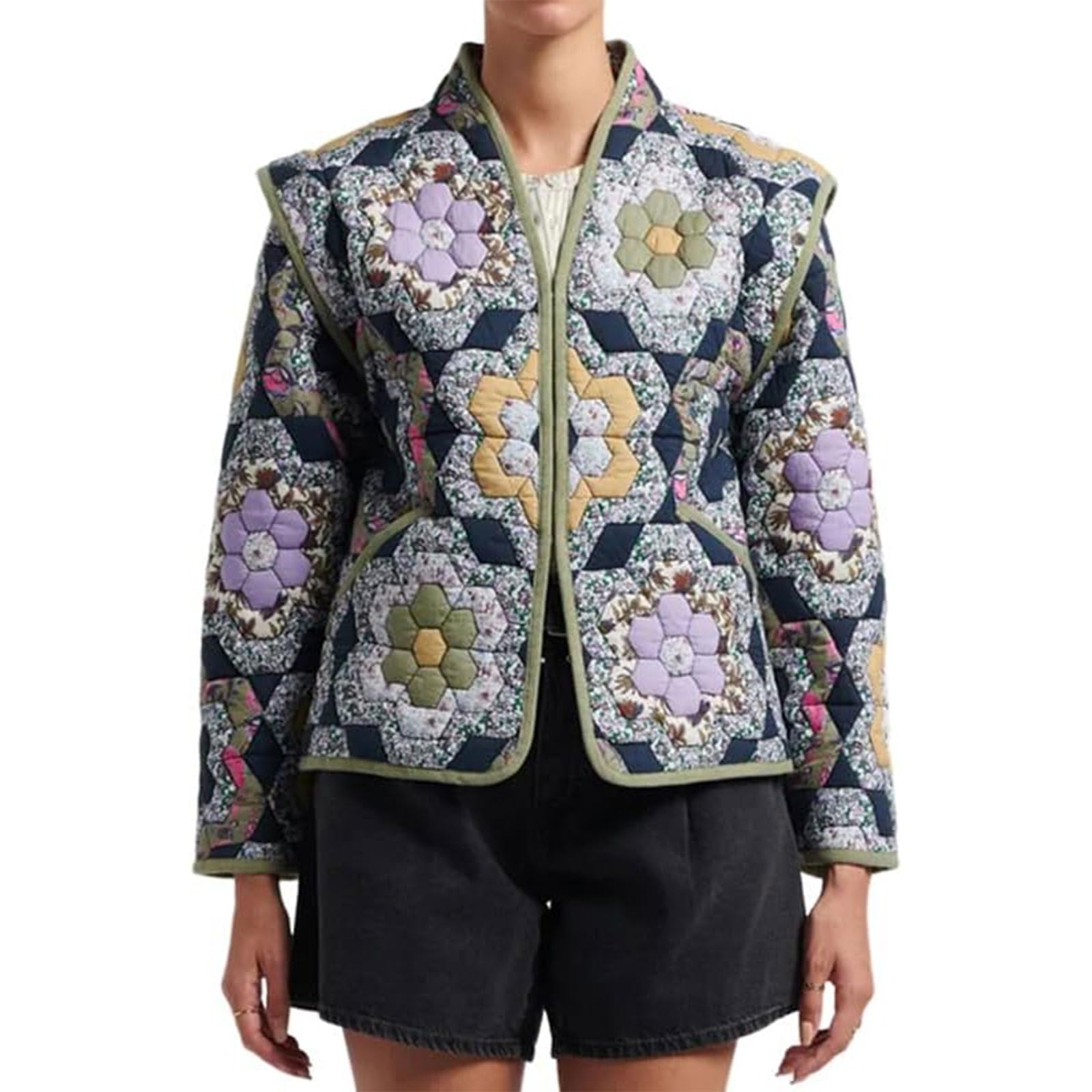 YimoonWomen's Cropped Puffer Quilted Jacket Vintage Floral Print Open Front Lightweight Short Jacket Outwear (Black-L), Black, Large