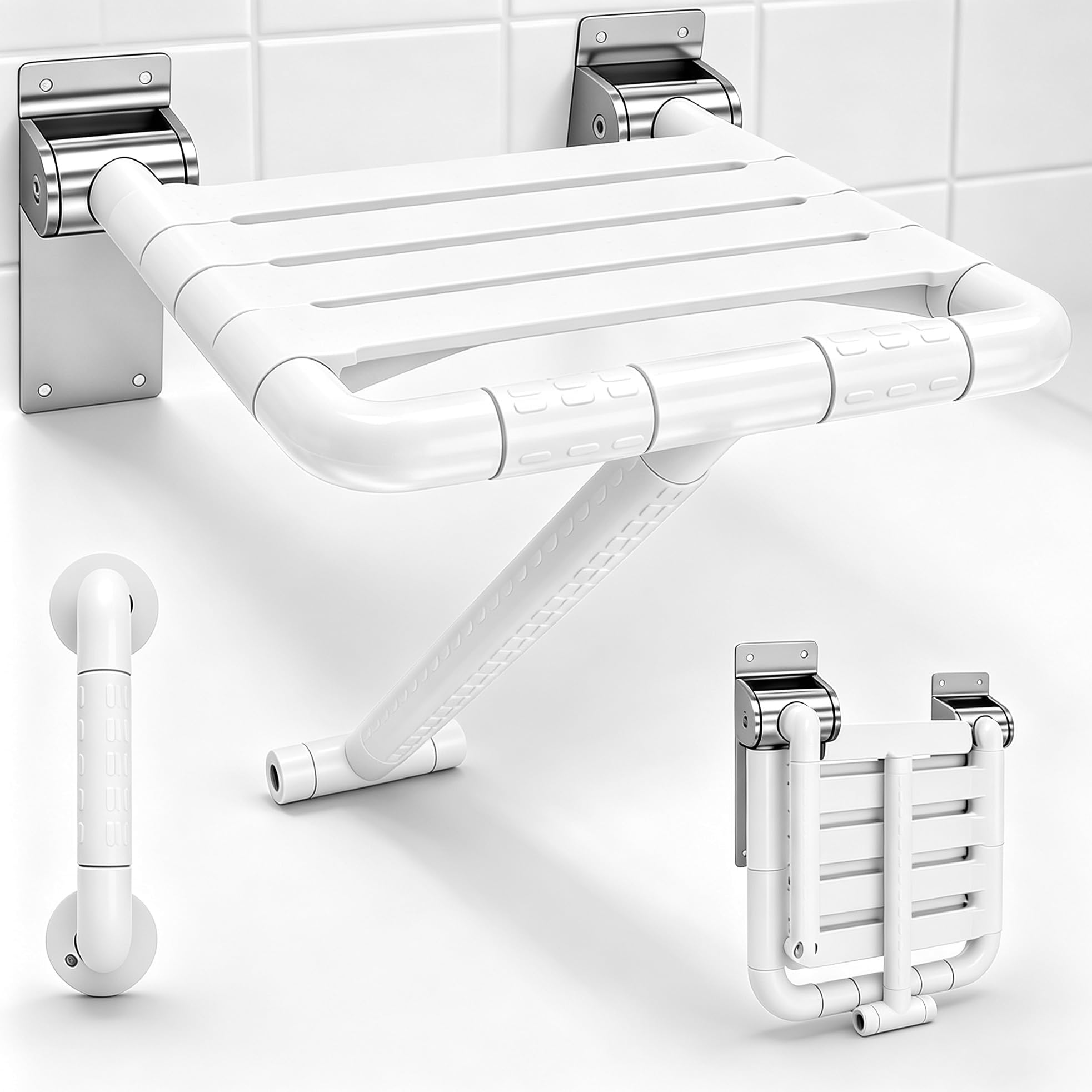 Asiento Ducha Plegable Pared con Patas de Apoyo, Taburete Ducha Abatible con Anillo Fosforescente, Asiento Baño para Personas Mayores y Niños, Carga Máxima 200 kg