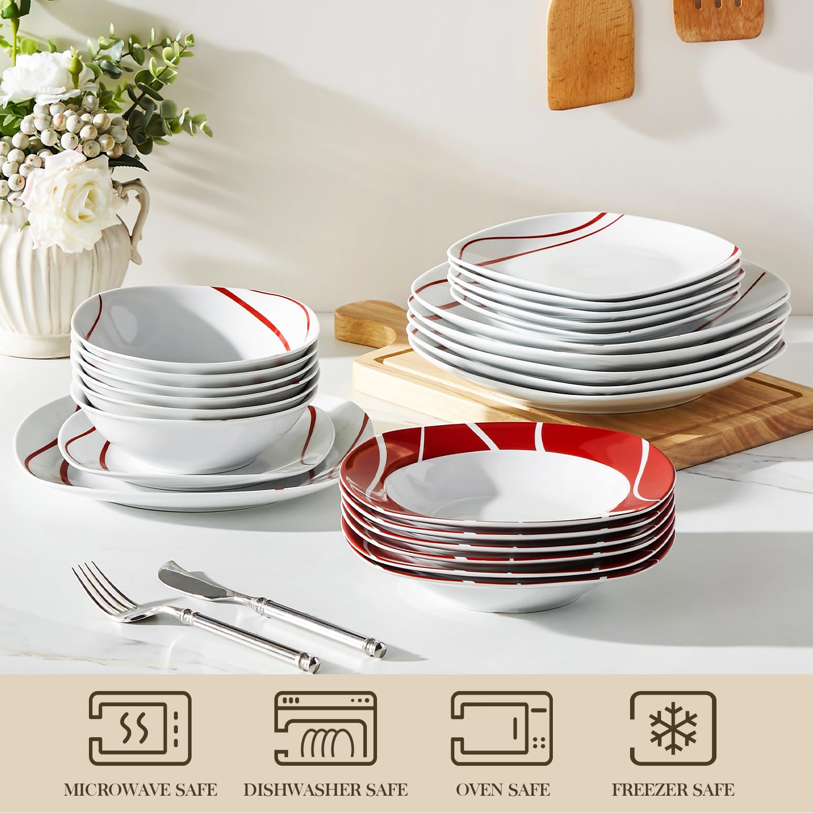 MALACASA Geschirrset 6 Personen, Felisa 24tlg Tafelservice aus Porzellan, Modernes Geschirr Set mit je 6 Speiseteller, Dessertteller, Suppenteller und Schüsseln, perfekt für Weihnachten und den Alltag