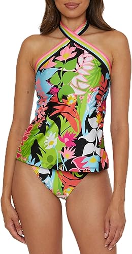 Trina Turk Tiki - Women's High Neck Tankini, Floral Print, Adjustable, Tie Back,