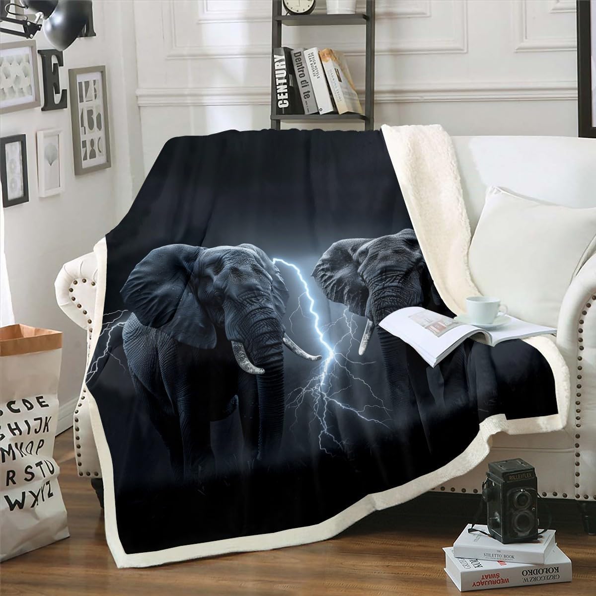 Erosebridal Elephant Throw Blanket Twin 60"X80" Lightning Elephants Fleece Bed Blanket for Kids Boys Teen Men Exotic Wild Animal Sherpa Blanket African Wildlife Flannel Blanket Bedroom Decor