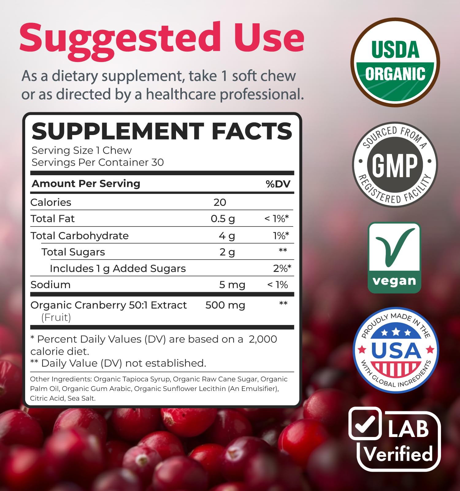 Certified Organic Cranberry Chews - Super 50X Potency Organic Cranberry Supplement for Women to Support Urinary Tract & Bladder Health — Amazon image 6