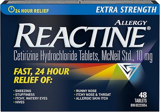Reactine Extra Strength Antihistamine Tablets - 10mg Cetirizine Hydrochloride - 24 Hour Allergy Relief Medicine - 48 Count MADE IN CANADA