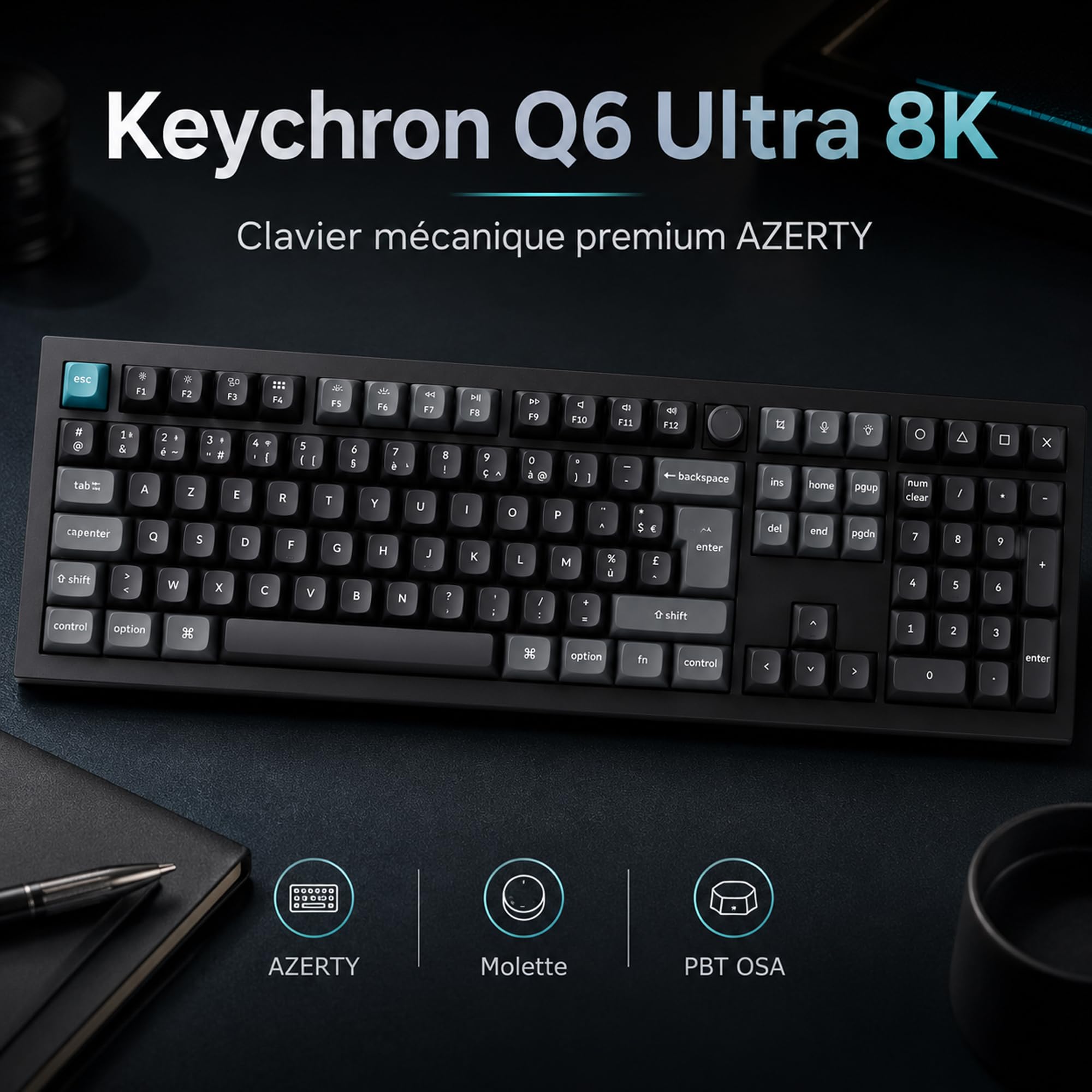 Keychron Q6 Ultra Clavier Mécanique sans Fil Aluminium 8K Polling Rate AZERTY, 2.4 GHz/Bluetooth/Fil Pleine Taille RGB Personnalisable, Hot-Swap Pom Rouge Switch pour Mac Windows Linux - Noir