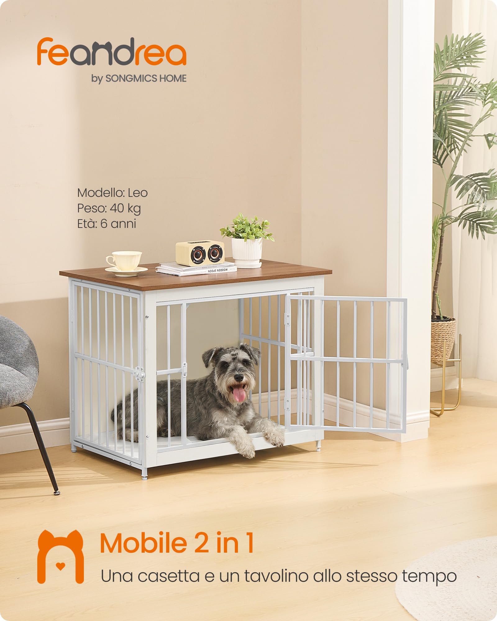 Feandrea Mobile Gabbia per Cani, Gabbia Moderna da Interno con Base Chiusa, 2 Porte, M, per Cani fino a 20 kg, Bassotto, Shih Tzu, Schnauzer Nano, Bianco Nuvola e Marrone Miele PFC022KB01