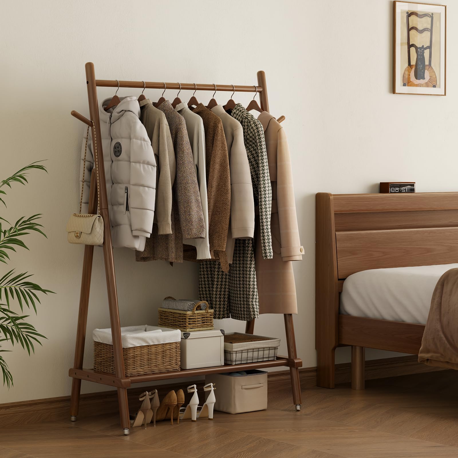 AQIMUELE Stand Appendiabiti con Ruote, Attaccapanni in Legno, 43 x 100 x 157 cm, Appendiabiti da Terra, Resistente, Facile da Montare e Spostare, con Supporto per Scarpe (Noce)