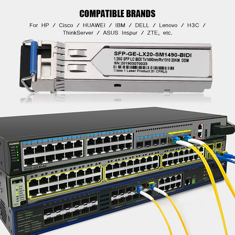 Moduł nadawczo-odbiorczy światłowodu, 100Mbps-25Gbps 3KM-80KM jednomodowy / wielomodowy LC jednomodowy / podwójny światłowód SFP/SFP28, do centrów danych i sieci korporacyjnej (SFP-GE-LX20-SM1490-BIDI