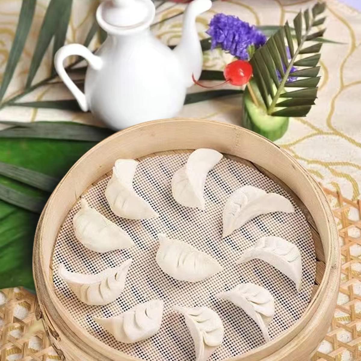 Silicone Steamer Liners, 10 Inch Reusable Silicone Air Fryer Liners, Non-Stick Bamboo Steamer Liner, Silicone Steamer Mat Dim Sum Mesh for dumpling steamer, air fryer(4PCS) - Image 4